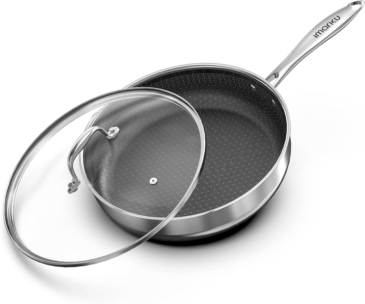 imarku Non Stick Frying Pans, 11.8 inch Hybrid Frying Pans Nonstick with Tempered Glass Lid, Stainless Steel Skillet, Dishwasher and Oven Safe Cooking Pan, Works with All Cooktops, PFOA Free Cookware