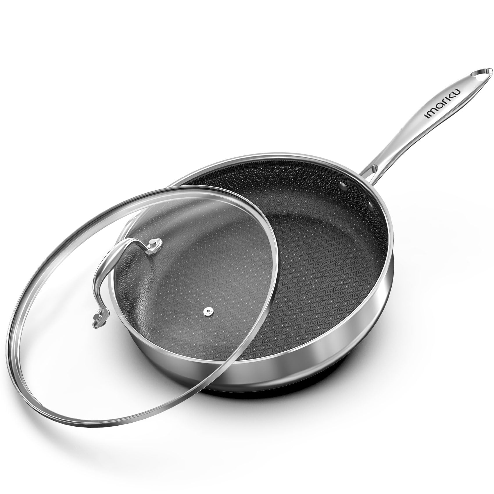imarku Non Stick Frying Pans, 11.8 inch Hybrid Frying Pans Nonstick with Tempered Glass Lid, Stainless Steel Skillet, Dishwasher and Oven Safe Cooking Pan, Works with All Cooktops, PFOA Free Cookware