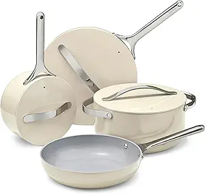Caraway Nonstick Ceramic Cookware Set (12 Piece) Pots, Pans, Lids and Kitchen Storage - Non Toxic - Oven Safe & Compatible with All Stovetops - Cream