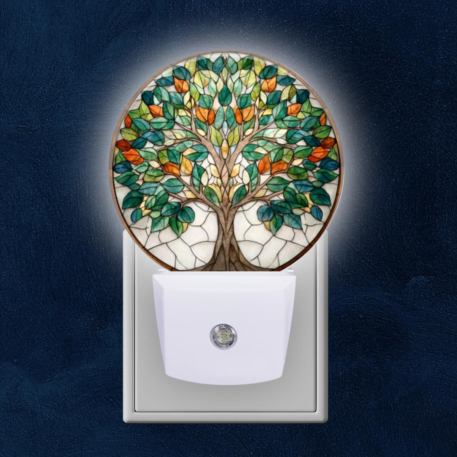 Round LED Night Lights Lamp with Dusk to Dawn Sensor Colorful Tree with Diverse Leaves Night Light Plug