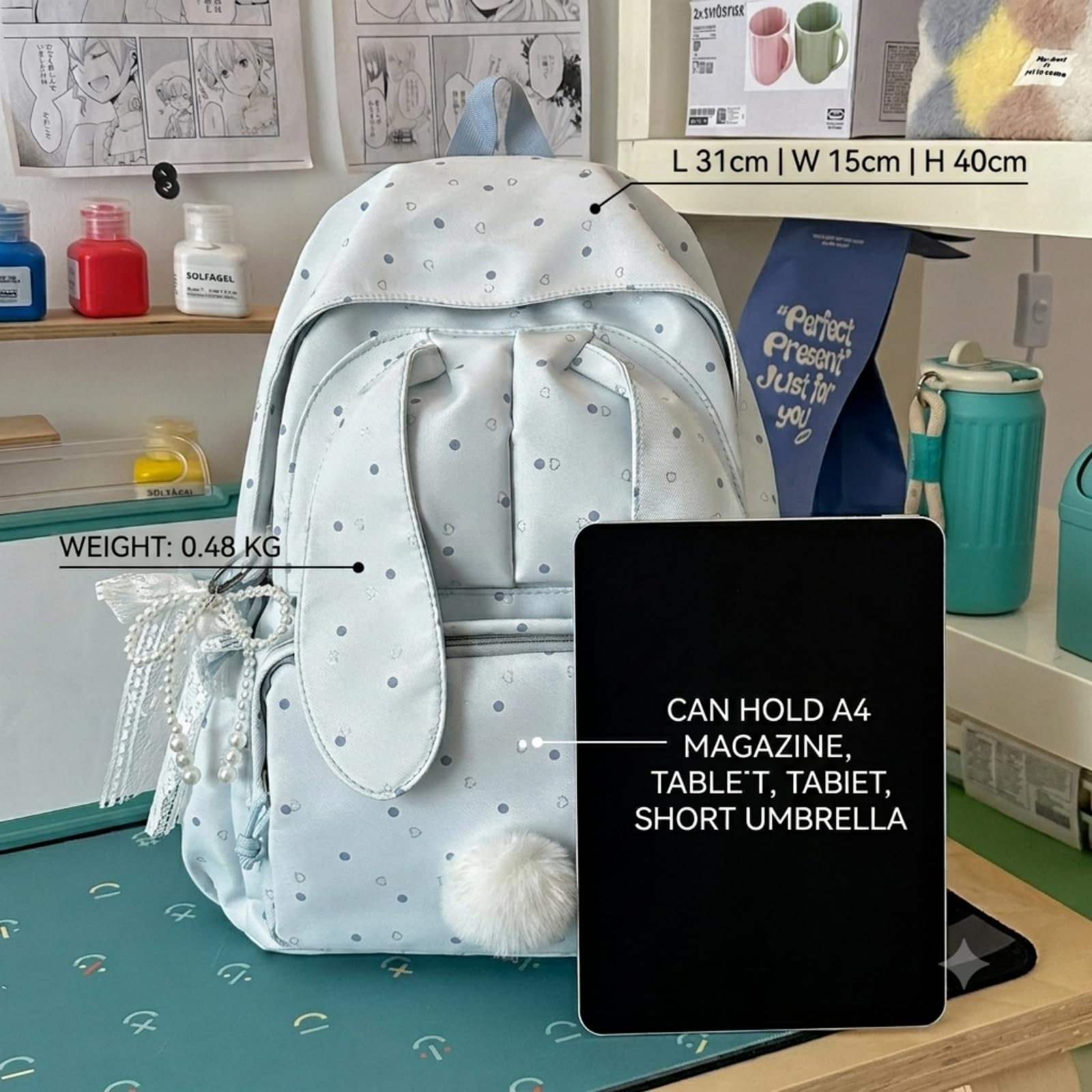 Süßer Rucksack Mädchen mit Hasenohren, Großer Schulrucksack Wasserdicht für Teenie Mädchen, Niedlicher Kawaii Schultasche für Schule, Freizeit und Alltag (Schwarz)