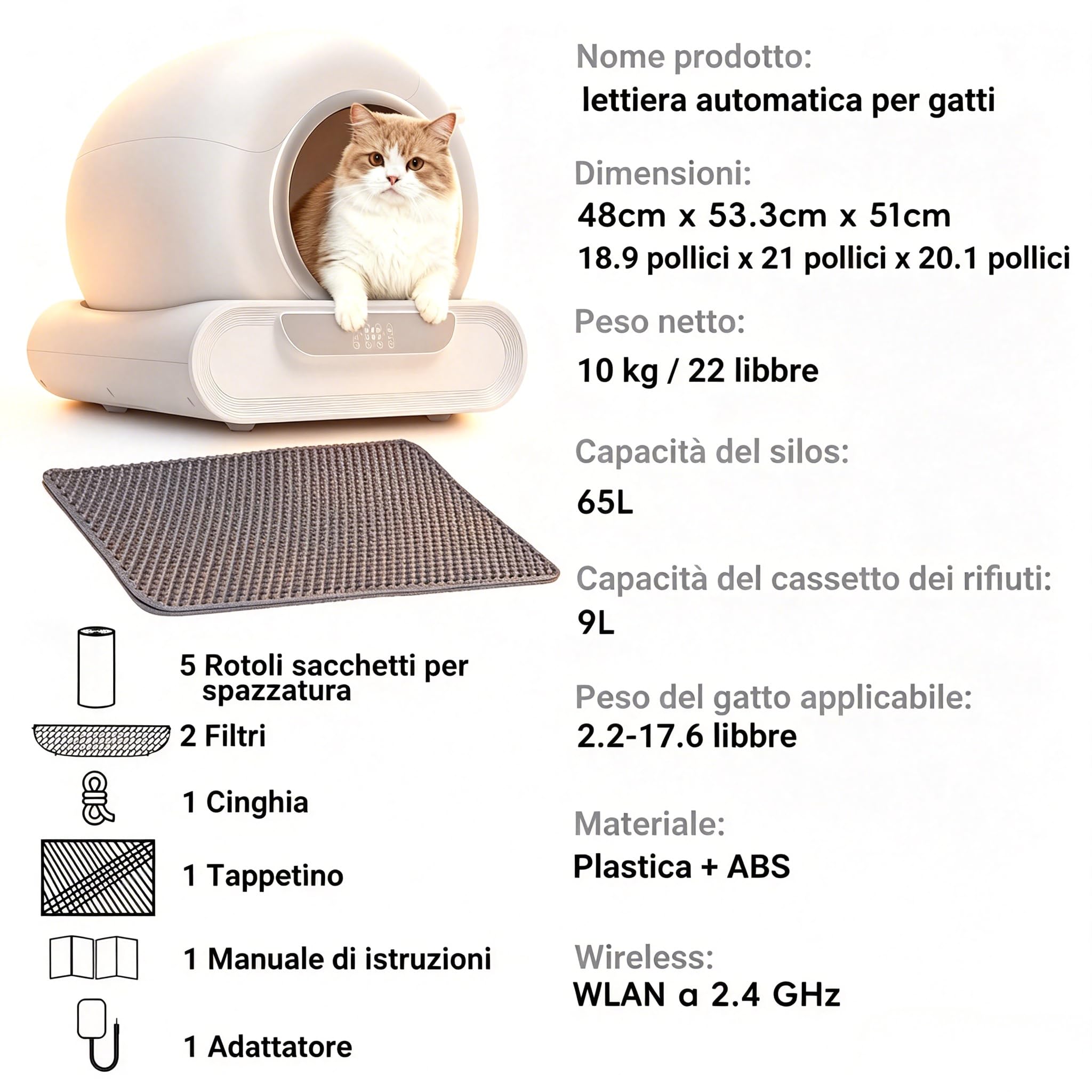 Lettiera Autopulente per Gatti XXL 74L, Toilette Automatica Intelligente con APP, Sensori di Peso e Infrarossi, Lettiera Chiusa Anti Odore, Grande Capacità per Più Gatti