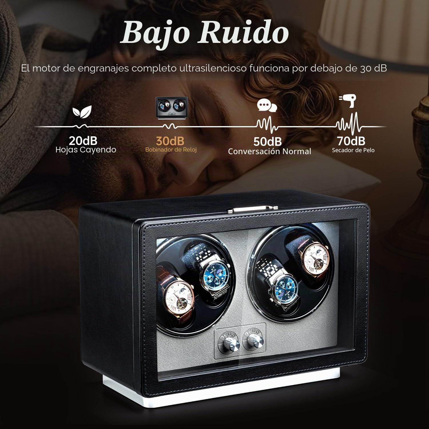 Mcbazel Cajas Giratorias para Relojes 4 Relojes, Reloj Automático Cajas con Luz LED Rectangular de Cuero PU con Motor Silencioso, USB-C Watch Winder con 4 Modos - Negro