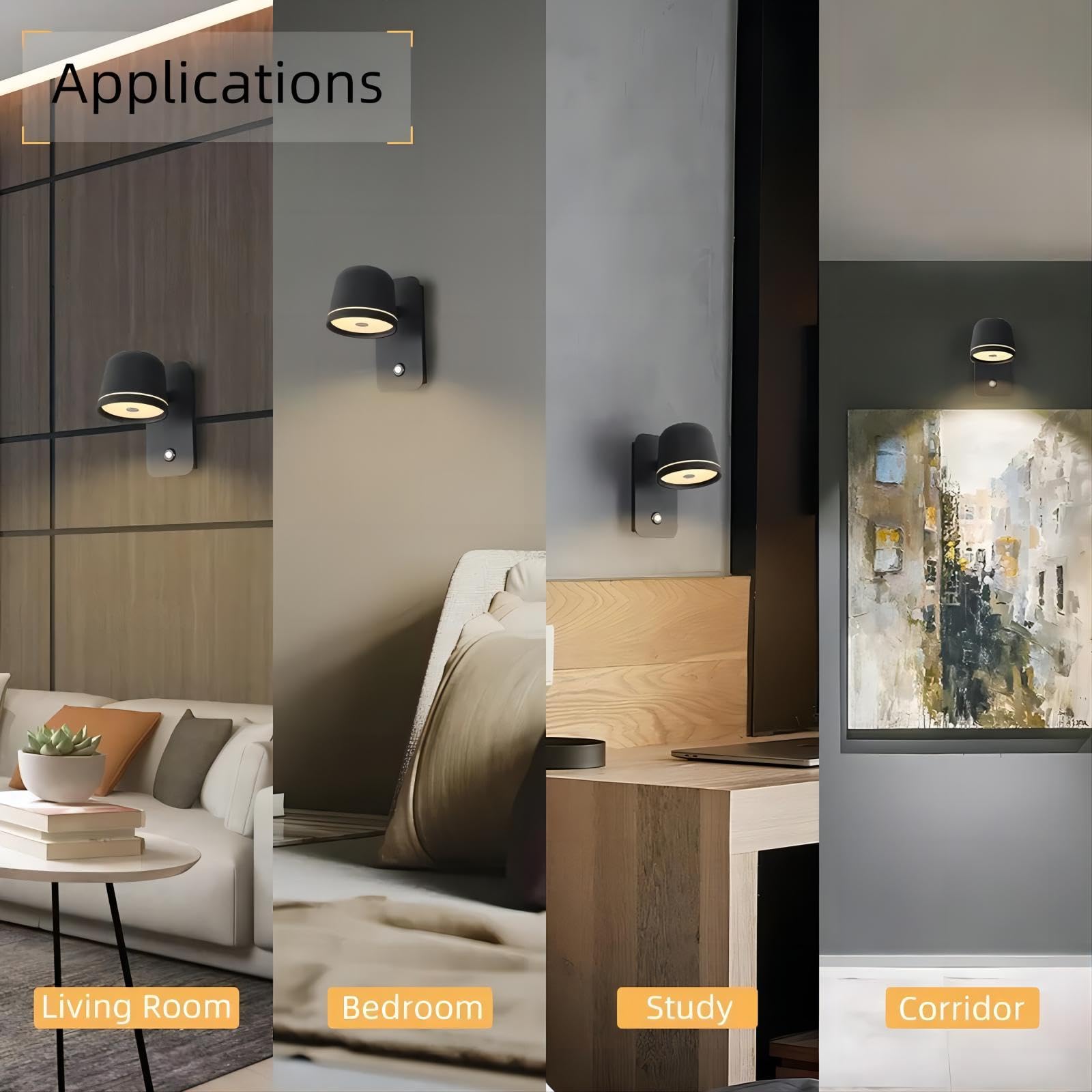 Wandleuchte Innen Schwarz, LED Wandlampe mit Touch Schalter Dimmbar, Modern Aluminium Wandbeleuchtung mit Verstellbarem Kopf, 5W 3000K/4500K/6000K für Flur Schlafzimmer Wohnzimmer