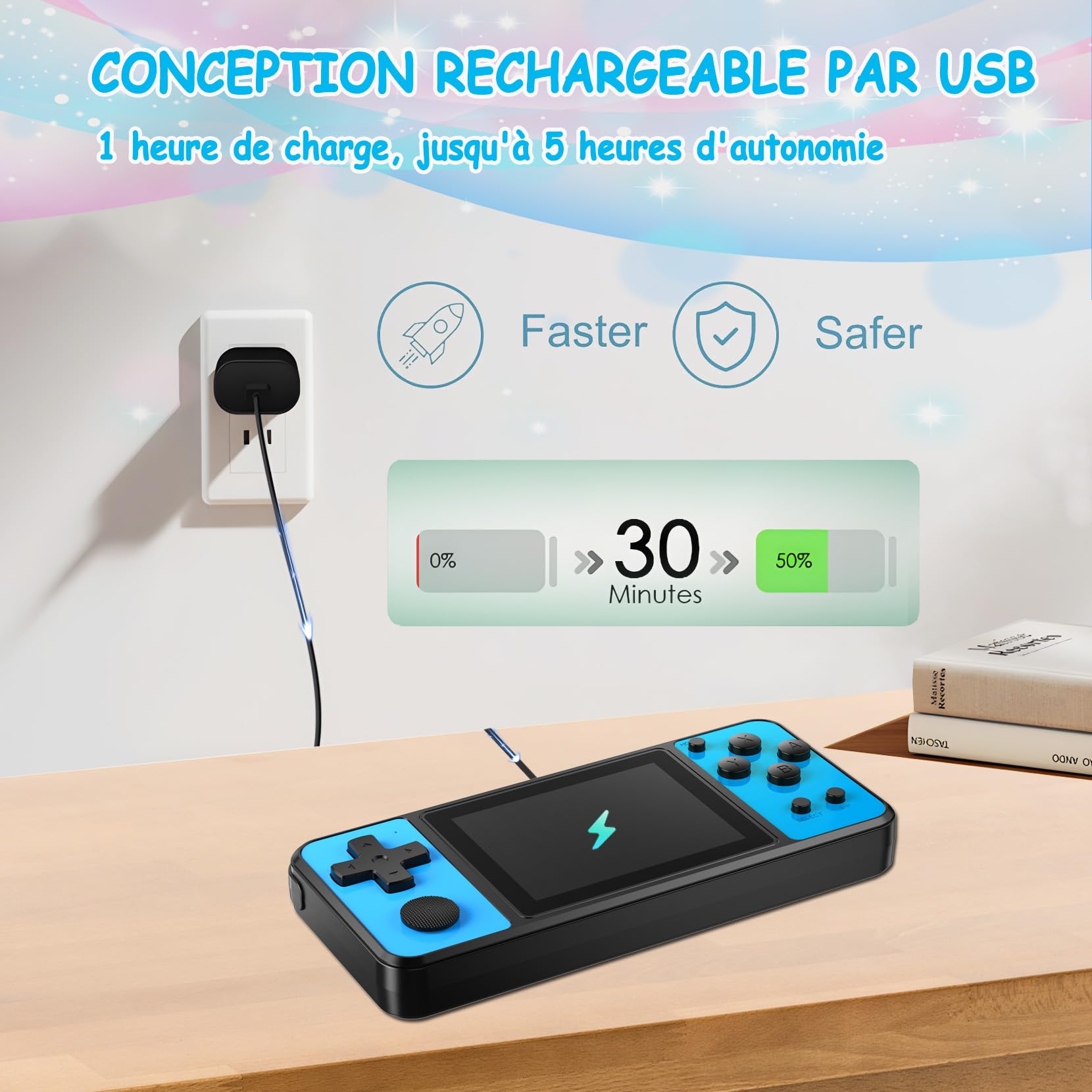 Console de Jeux Portables 32 Bit avec 139 Jeux Vidéo Rétro, Écran IPS 3.0" Batterie Rechargeable, Jouets de Voyage pour Enfants 4-13 Ans (Bleu)