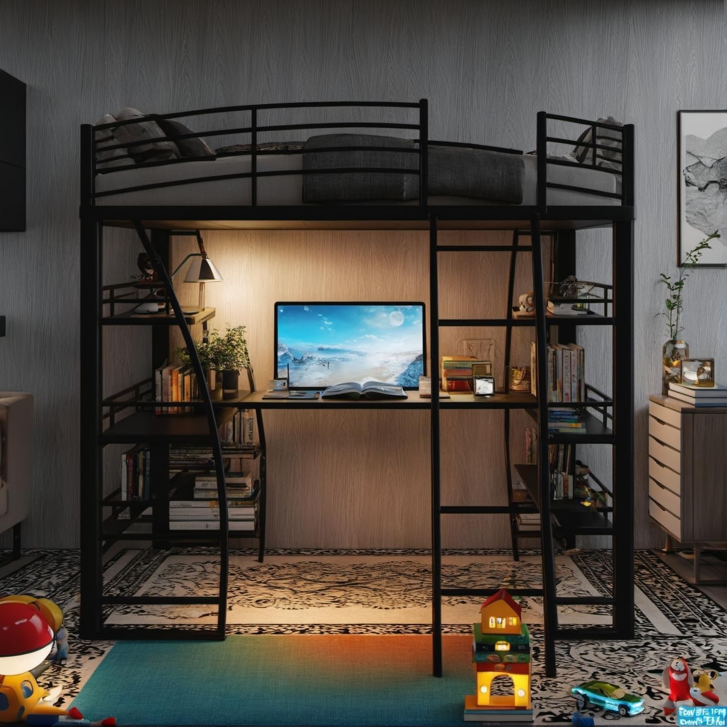 Assembled DNYN Full Size Loft Bed with desk, shelves, and a mattress