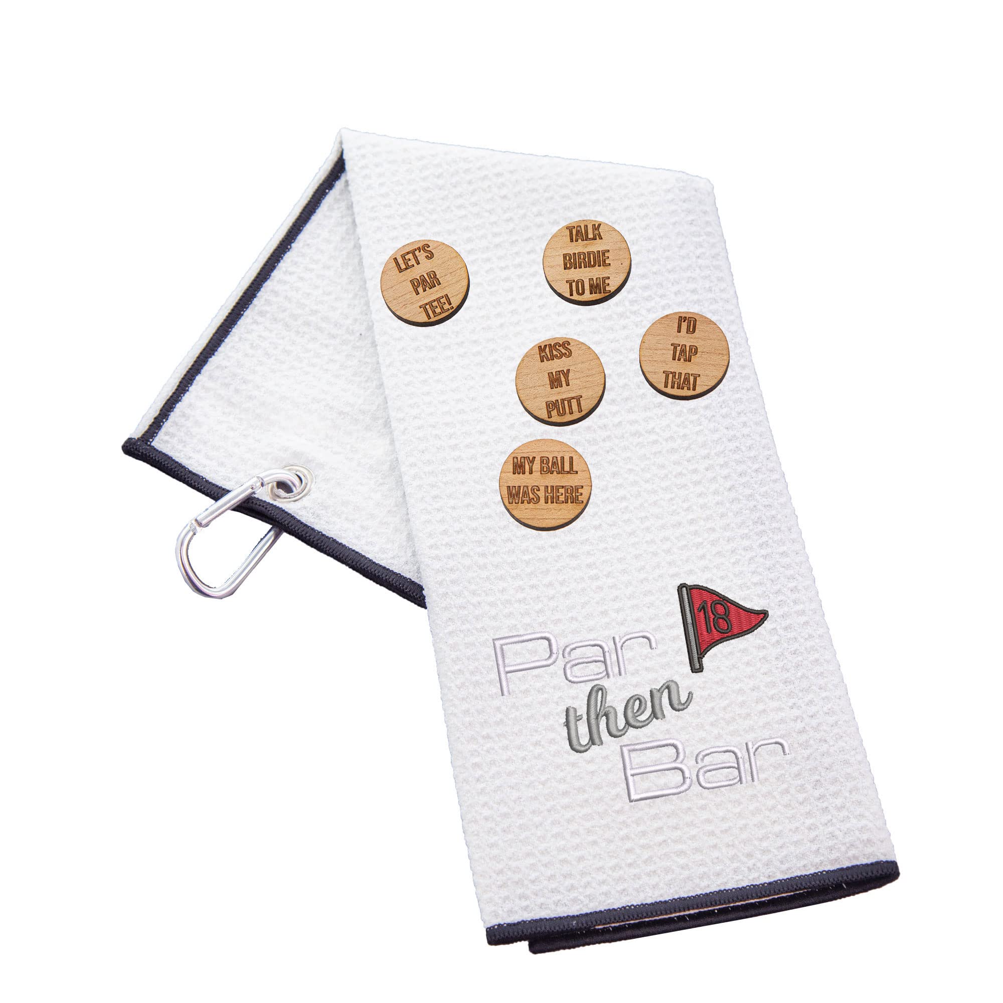 Funny Trifold Golf Towel and Comedy Wooden Ball Marker Set Gift for Men, Carabiner Clip for Golf Bags, Par Then Bar, Waffle White