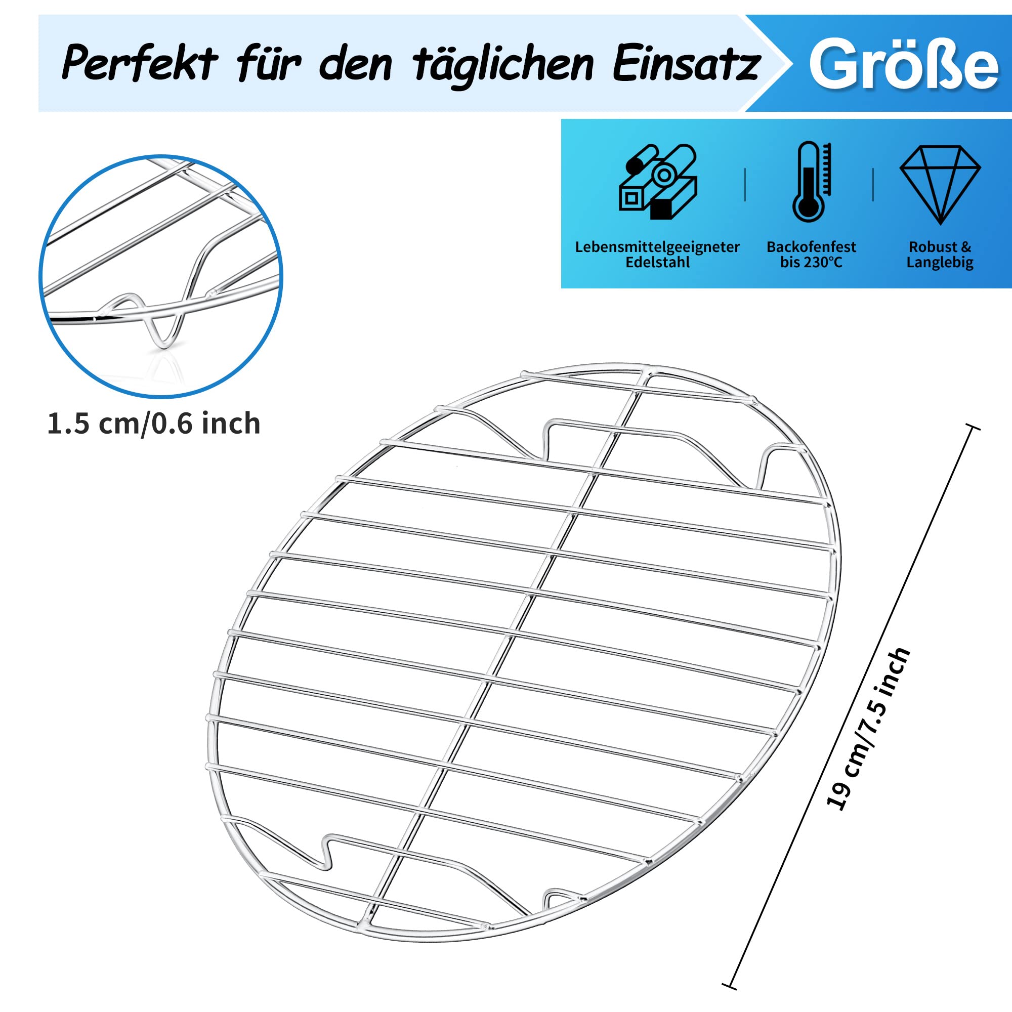 Joyfair Set di 2 griglie di raffreddamento rotonde in acciaio inox, 19,4 cm