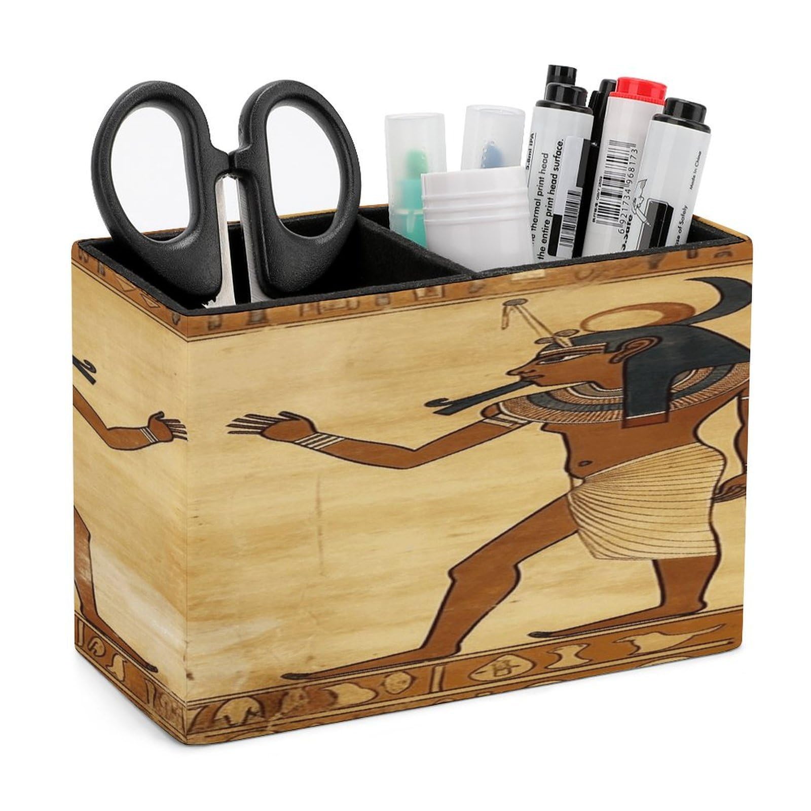 VstaDank Ancient Egyptian Pen Holder Double Compartments Pen Cup Fashion Makeup Brush Holders Leather Pencil Holder for Work Locker Accessories Modern Pencil Cup for Desk Organizer