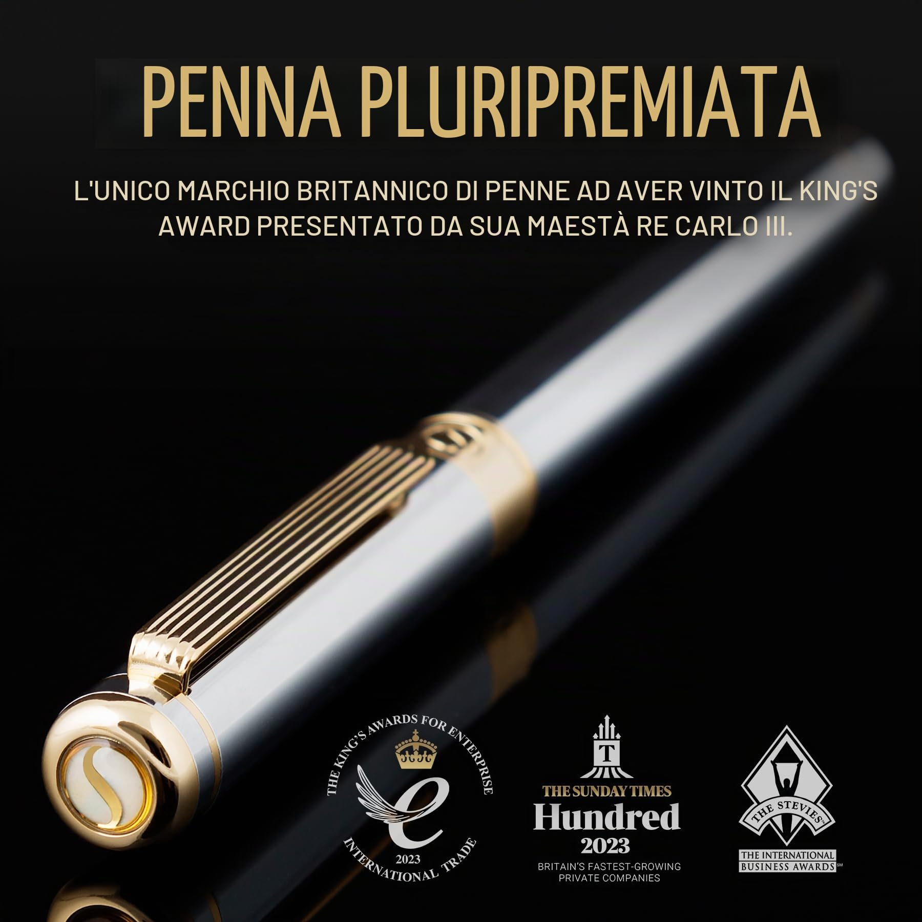 Scriveiner Penna stilografica qualità premium con finitura in Placcato in Vero Oro, Penninoi medio, argento cromato