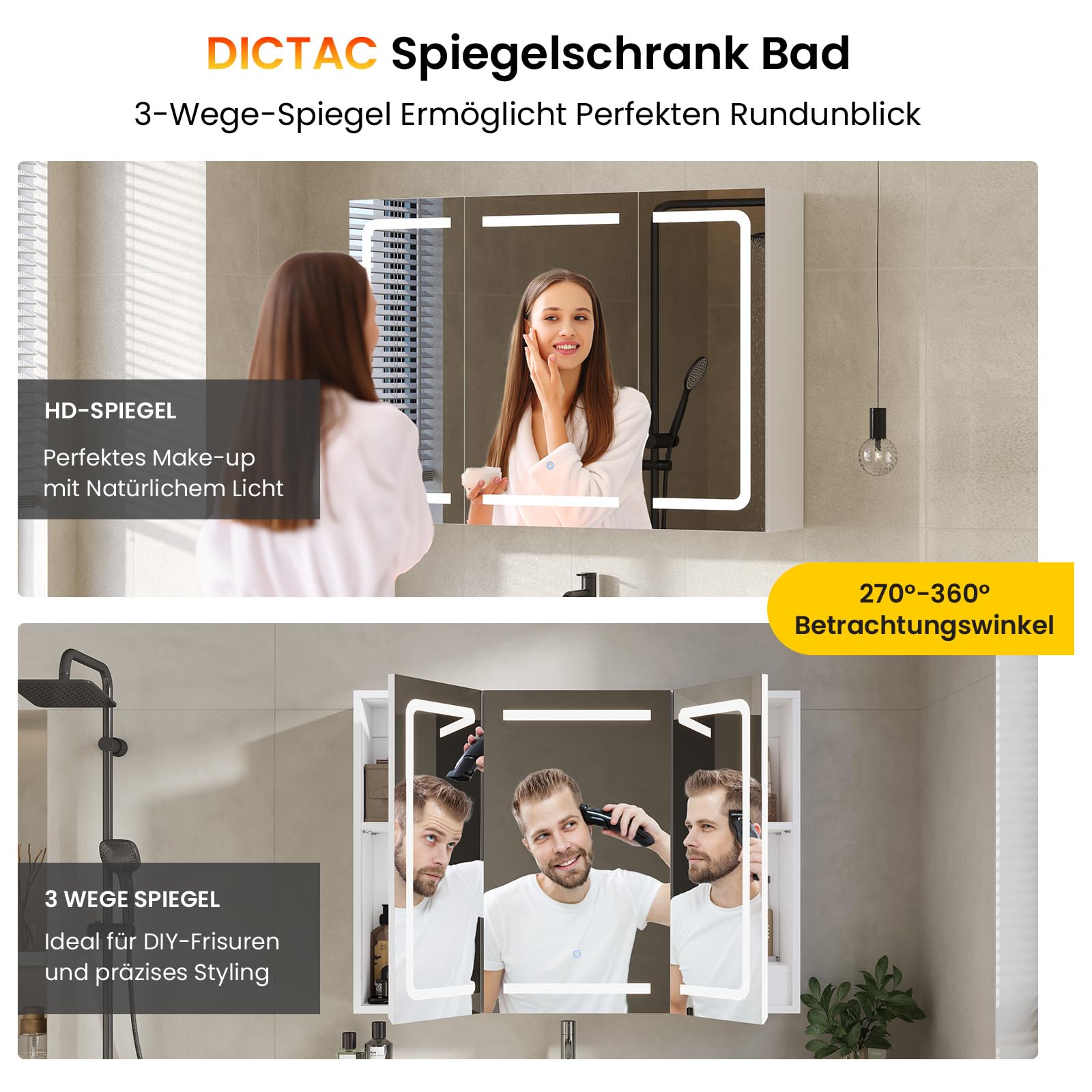 DICTAC Spiegelschrank Bad mit Beleuchtung und Steckdose Badezimmerschrank mit Spiegel und Verstellbarem Regal,Badschrank mit 3 Türen,Wandschrank,Hängeschrank,3 Farbtemperatur Dimmbare,80x60x16cm,Weiß