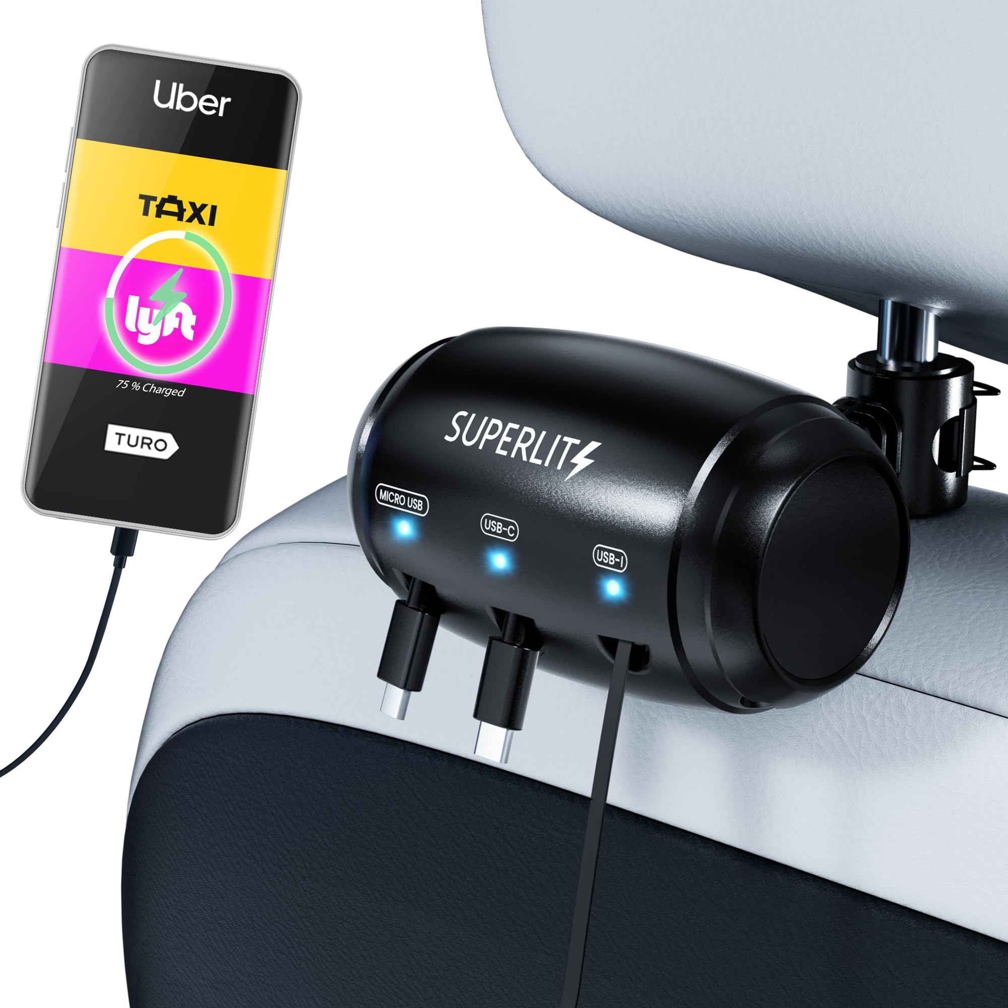3-in-1 Retractable Backseat Car Charger – Headrest Mount Charging Station for Uber, Lyft and Rideshare Drivers, Fast Multi USB Charging Device for Passengers Compatible with All Phones