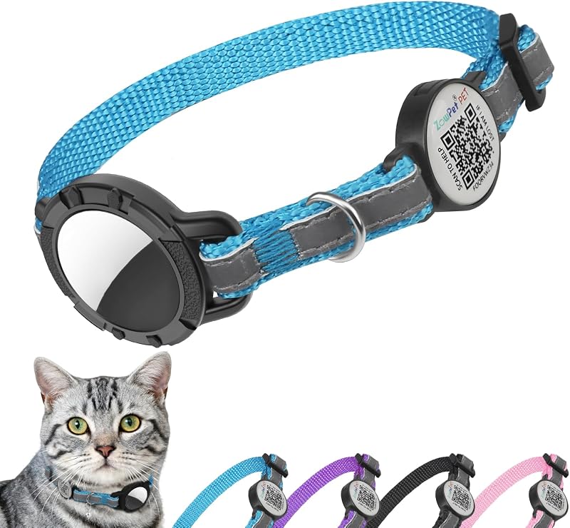 Coleira para Gatos com Suporte para AirTag, QR Code e Fecho Breakaway Azul, 21,59–29,21 cm