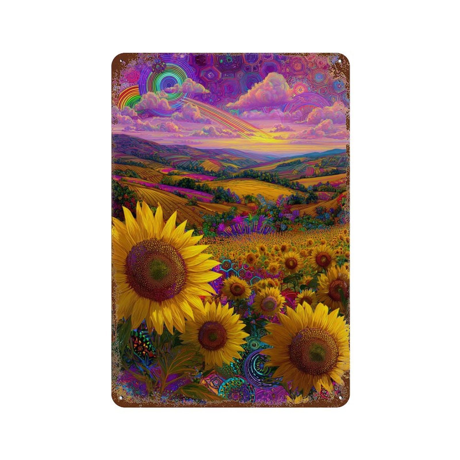 Rust Effect Psychedelic Sunflower Field Aged Metal Wall Plaque 11.8"x7.9", Shabby Chic Decor for Living Room, Hallway And Home Decor
