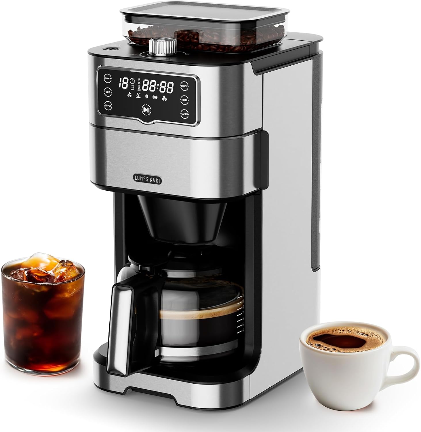 Drip Coffee Maker with Built-in Grinder, 10-Cup Coffee Machine with 24-Hour Delay Timer, Touch Screen, Self-Cleaning, Reusable Filter, 1.5L Removable Water Tank, Warming Plate, Silver
