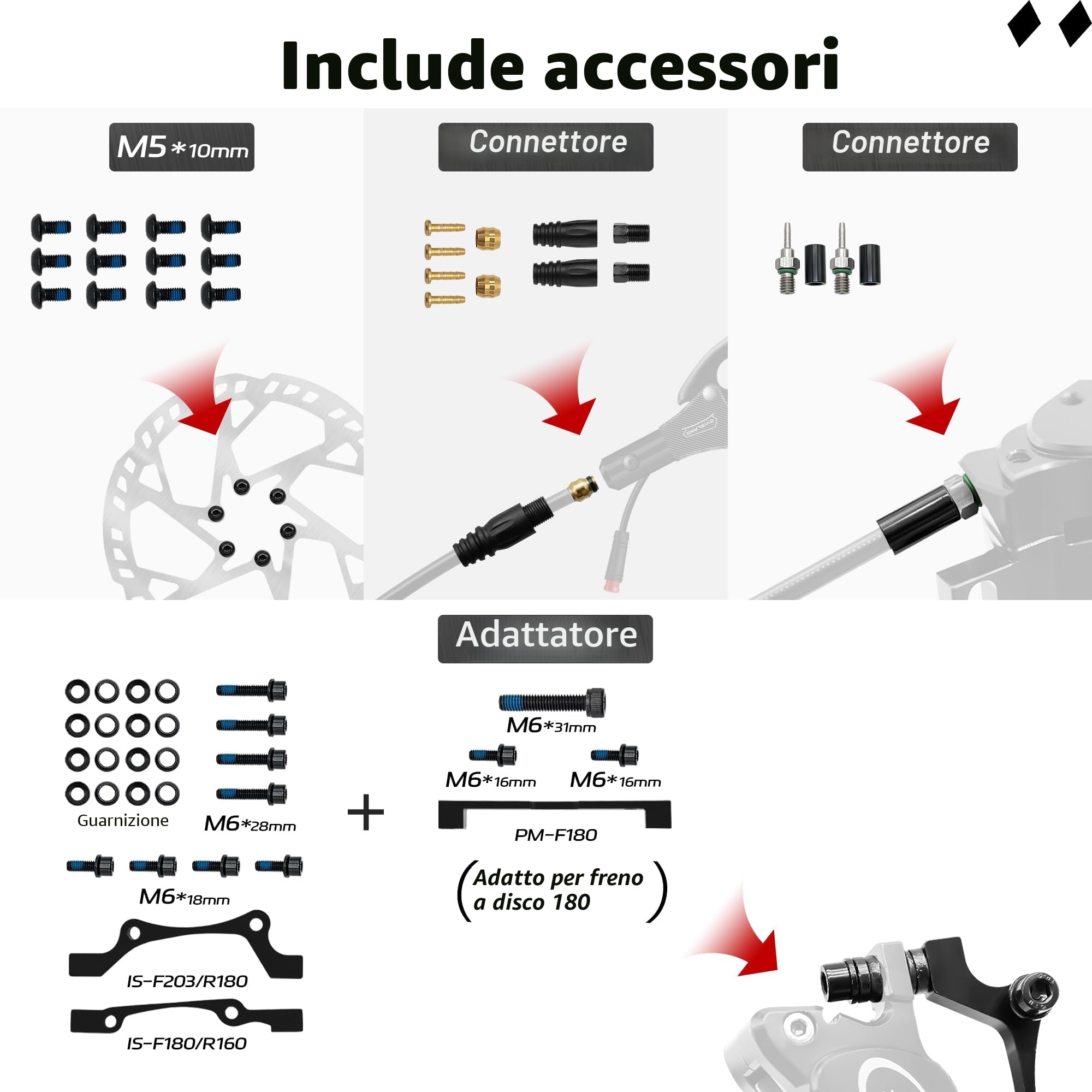 Set di Freni a Disco Idraulici per E-Bike a 4-pistoni/2-pistoni, 2-pin/3-pin Pre-Riempito con Olio Minerale Set, con 2 Pezzi di 180mm rotori