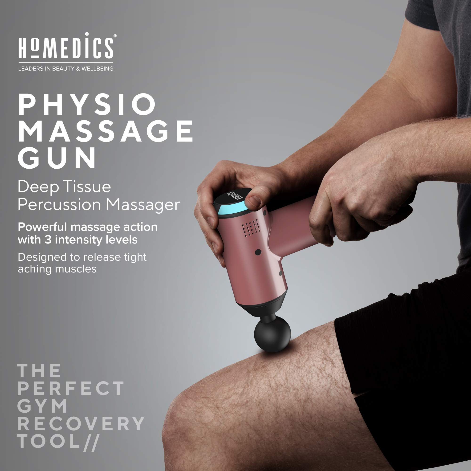 HoMedics Massage Gun | Massagepistole | Tragbares Physiotherapie-Massagegerät, professionelle Physio-Tiefenmassage, Perkussionsmassage für die Muskeln, 3 Massageköpfe, kabellos, wiederaufladbar, Rose
