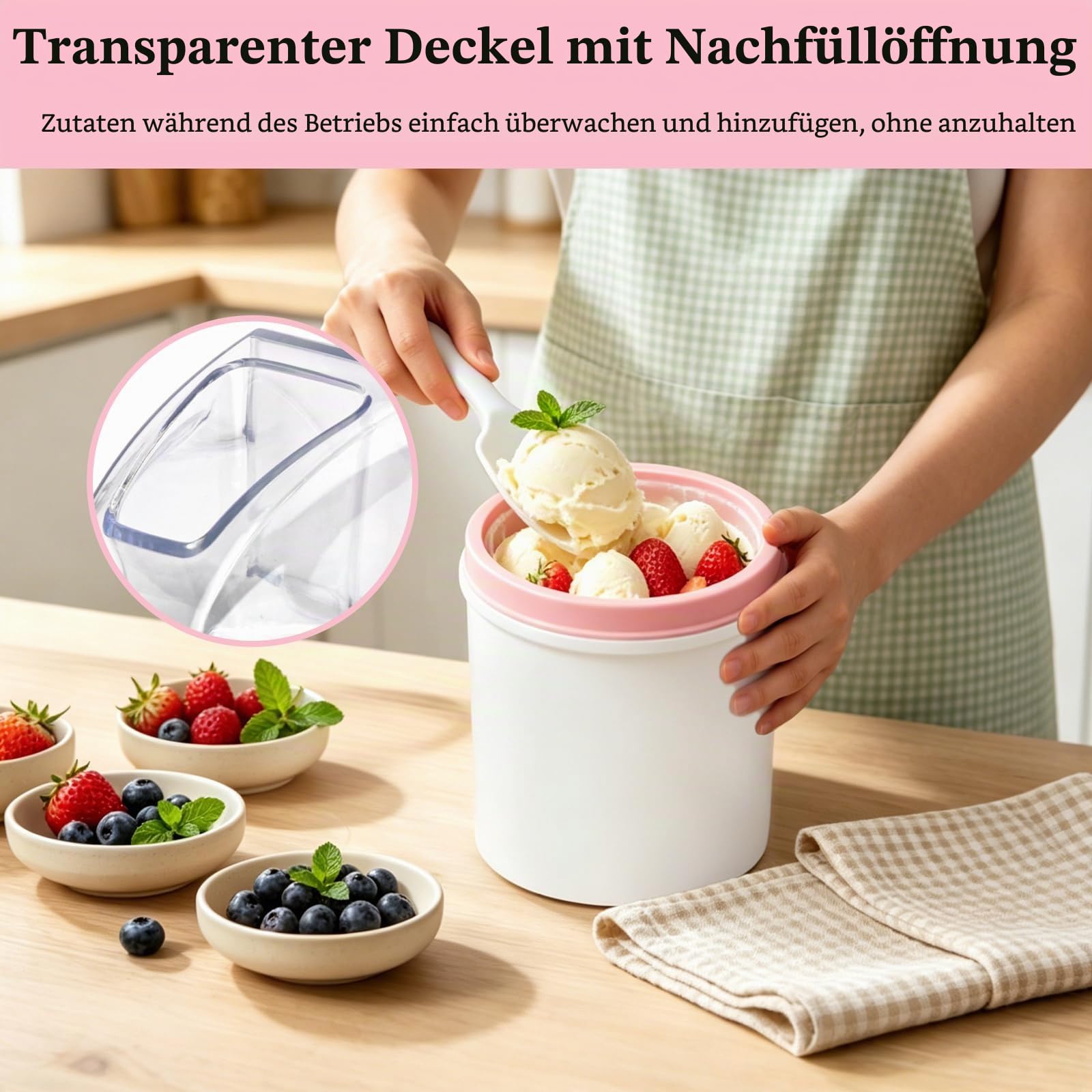Eismaschine 1,6 L, für Eiscreme, Sorbet & Frozen Joghurt, Softeismaschine mit One-Touch-Bedienung, 20–40 Min. Zubereitungszeit, mit Nachfüllöffnung und doppelwandigem Kühlbehälter
