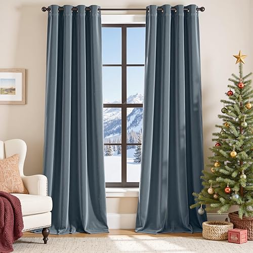 Lazzzy Cortinas opacas de terciopelo azul, cortinas con aislamiento térmico de 84 pulgadas de largo, cortinas para dormitorio, sala de estar,