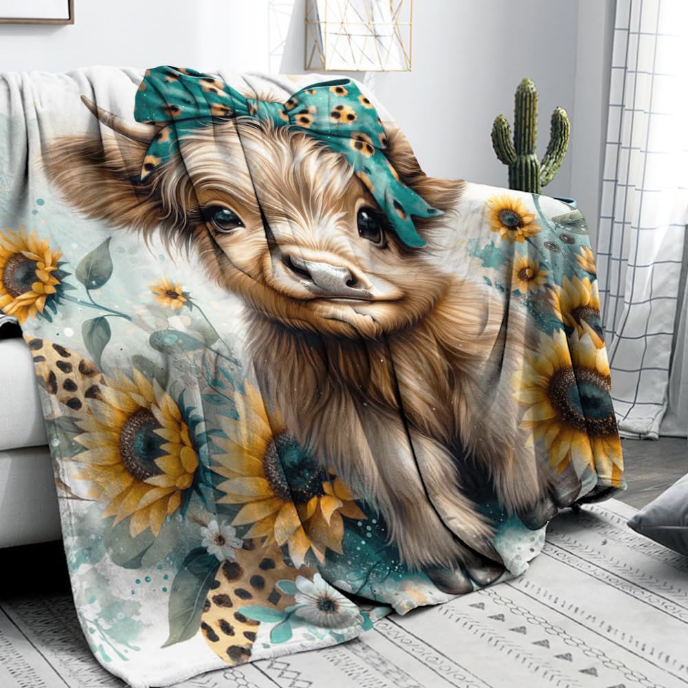 Reateforin Teal Highland Cow Blanket Girl Gifts Western Farm Animal Sunflower Flannel Fleece Nursery Bed Blankets Soft Lightweight Funny Animal Cow Print Blanket Highland Cow Nursery Bed Decor 40"x50" — image 1