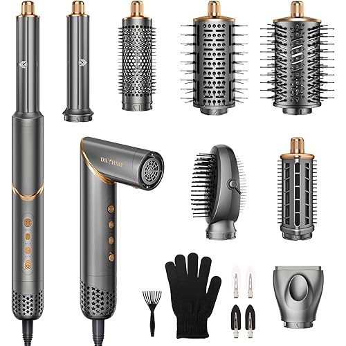 8 in 1 Hair Styler & Hair Dryer Brush Set, High-Speed Negative Ionic Foldable Hair Dryer Fast Drying, Multi Professional Hot air Styler for Curling Volumizing Straightening Styling(Grey)