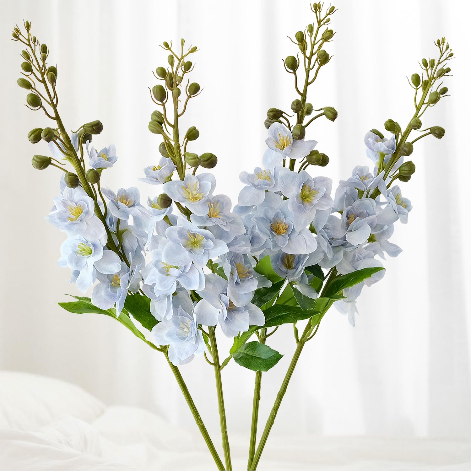 JINWOE Light Blue Flowers Delphinium Artificial Flowers, 4Pcs 26" Large Lifelike Fake Larkspur, Plant Silk Flowers with Long Stem for Tall Floor Vase