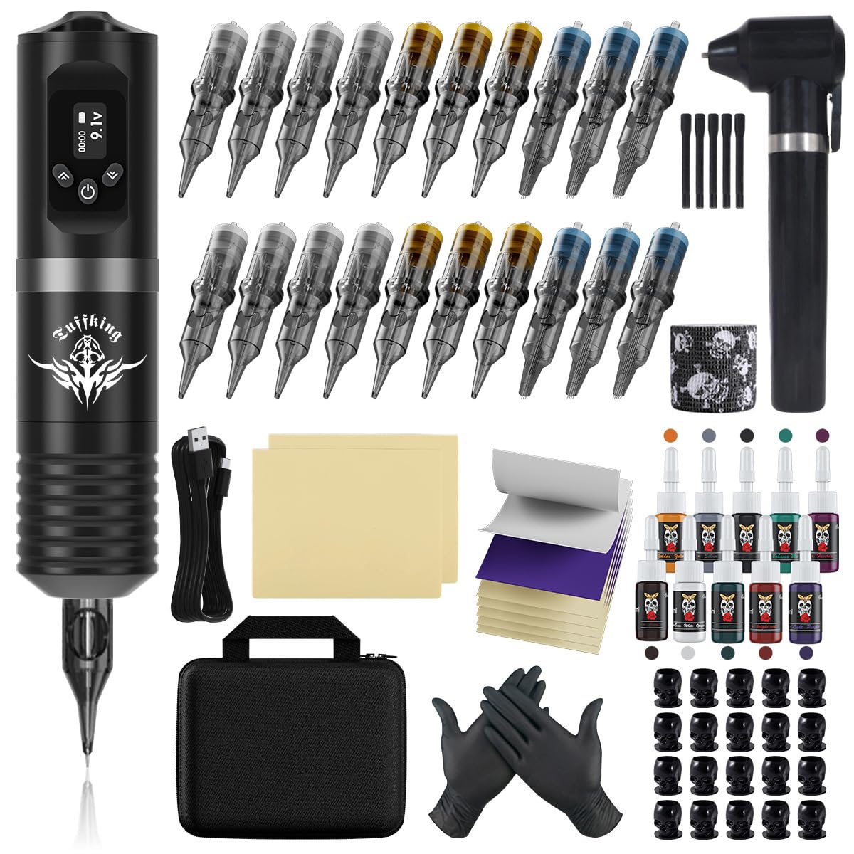 Kit penna tatuaggio wireless - Set macchinetta rotativa per tatuaggi con display LED, alimentatore 1800mAh, 20 aghi per cartuccia, 10 inchiostri e pratica,1