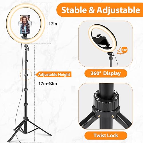 Miniatura 10 de UBeesize Anillo de luz plegable de 14 pulgadas con soporte de trípode de 62 pulgadas y soporte para teléfono, luz LED para selfie para iPhone con