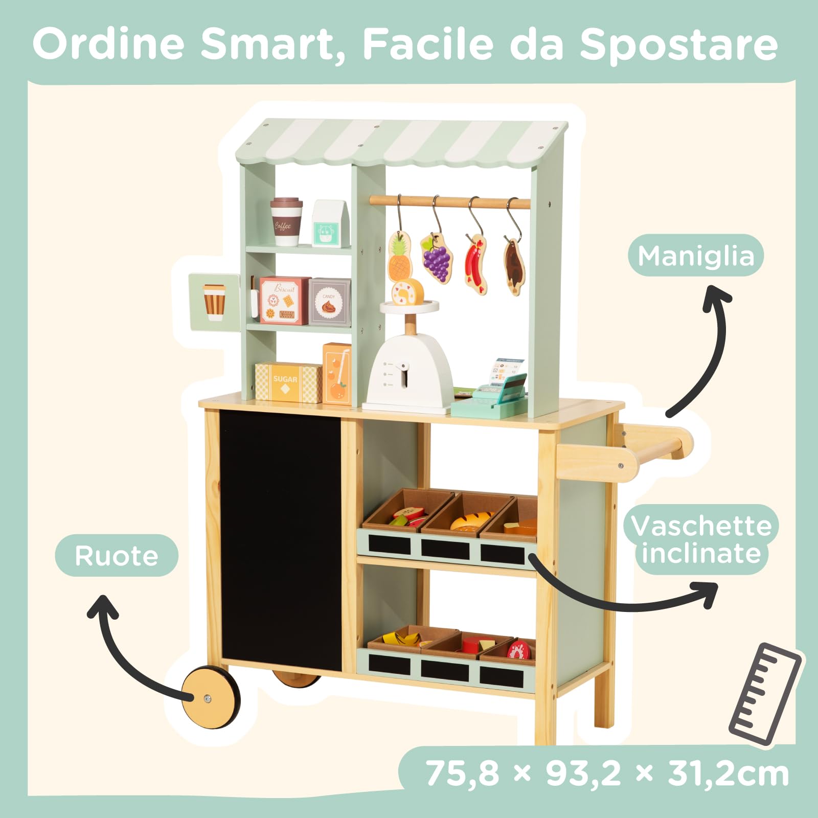 Nene Toys Negozio in Legno per Bambini – Bancarella/Stand Mercato Tutto-in-Uno con Registratore di Cassa, Bilancia, Lavagna, Asta Appendino – Lato Cucina con Forno – Giocattolo Educativo 3–7 Anni