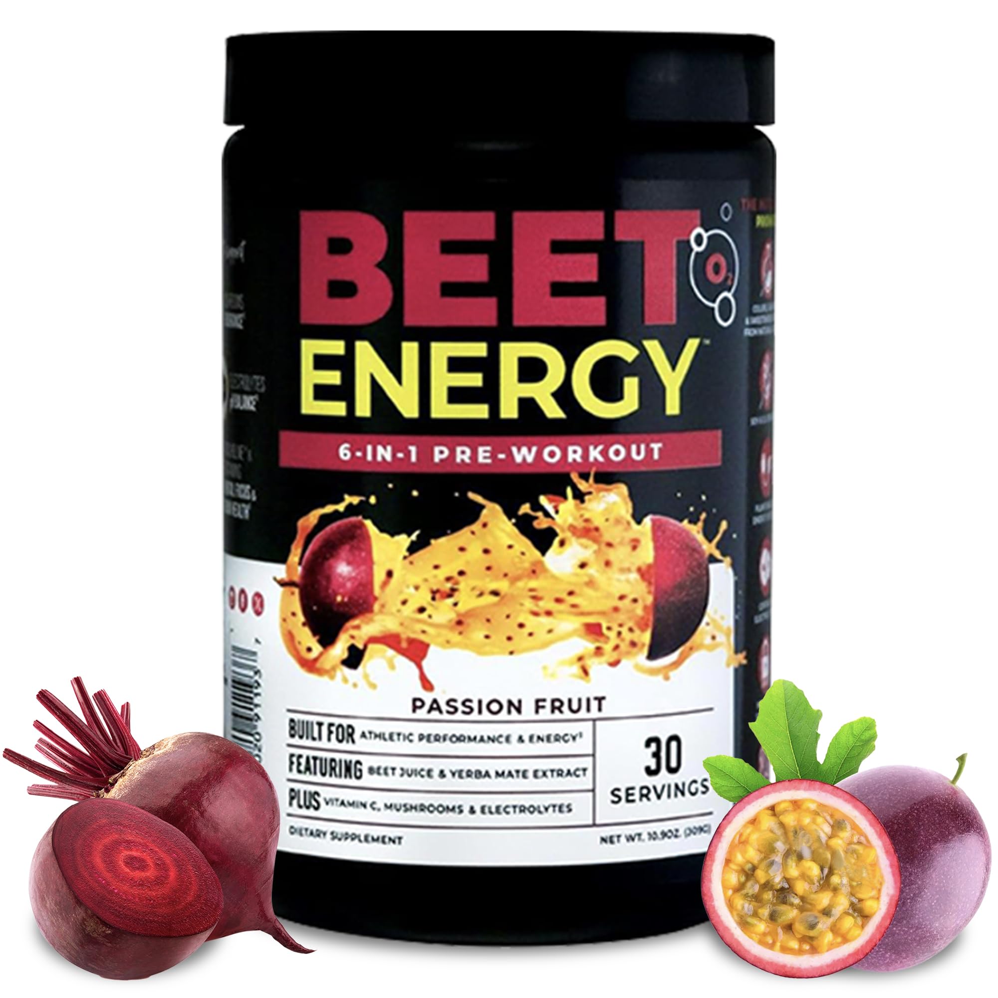 Beet Energy O2 Pre Workout Beet Juice Powder - Boost Energy, Endurance & Nitric Oxide with Beet Powder Yerba Mate Adaptogens & Electrolytes - Passion Fruit Flavor, 30 Servings