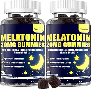 Melatonin 20mg Gummies for Adult: Sugar Free Melatonin Supplement Extra Strength with Ashwagandha L-Theanine Magnesium Turmeric Vitamin D3 B6 B12 - Non-Habit Forming for Women Men(120Count)