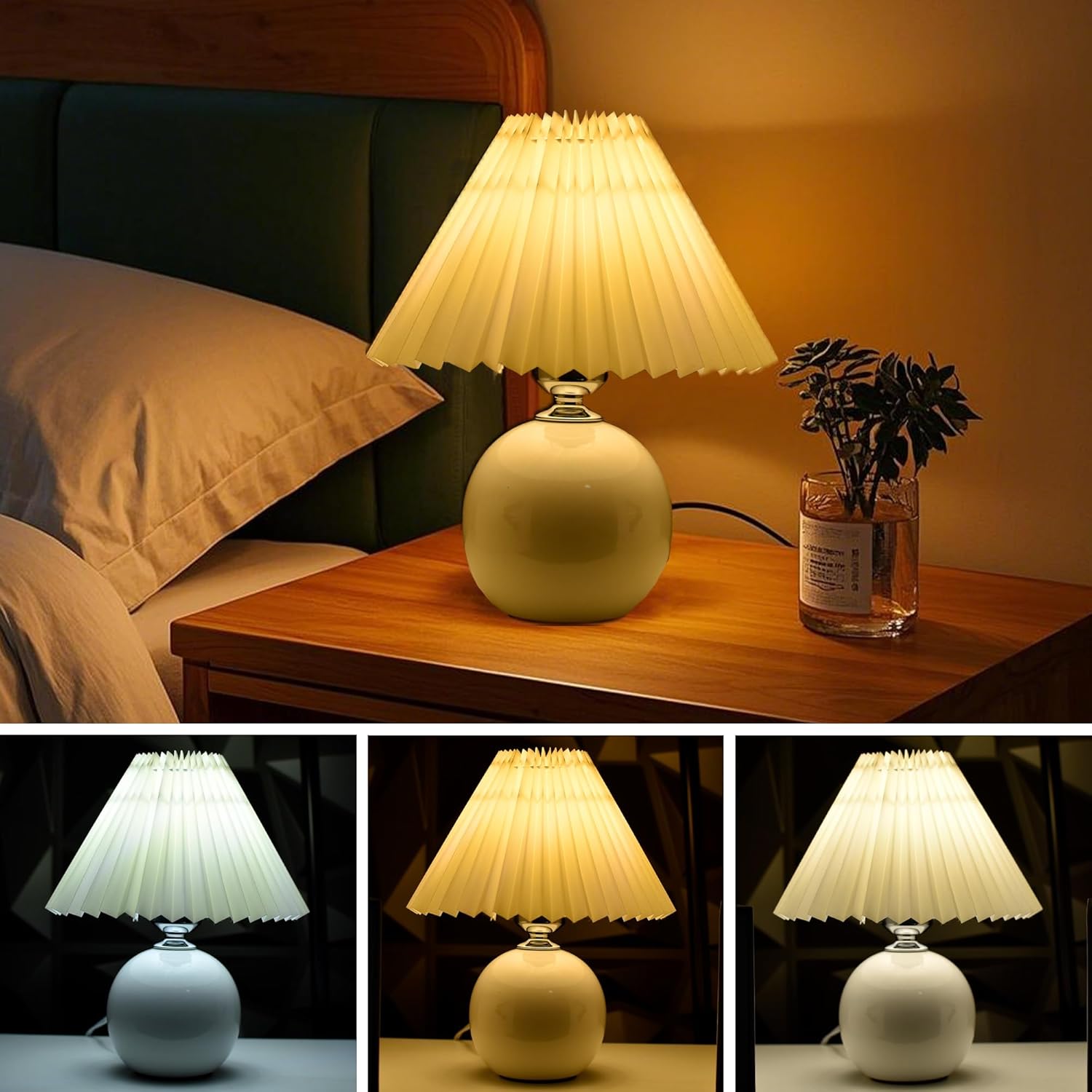 Korean Pleated Table Lamp Ins DIY Ceramic Table Lamps for Living Room Home Deco Cute Lamp with Tricolor Led Bulb Beside Lamp…