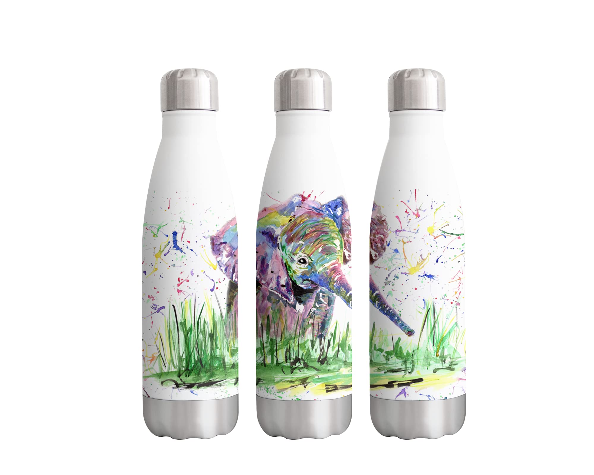 Vixar Elephant baby wild animals Watercolour Farm animals rainbow art Bottle double Wall insulated Stainless steel sport Drinks 500ml WHITE Gift ideal for school work office Oudoor sports