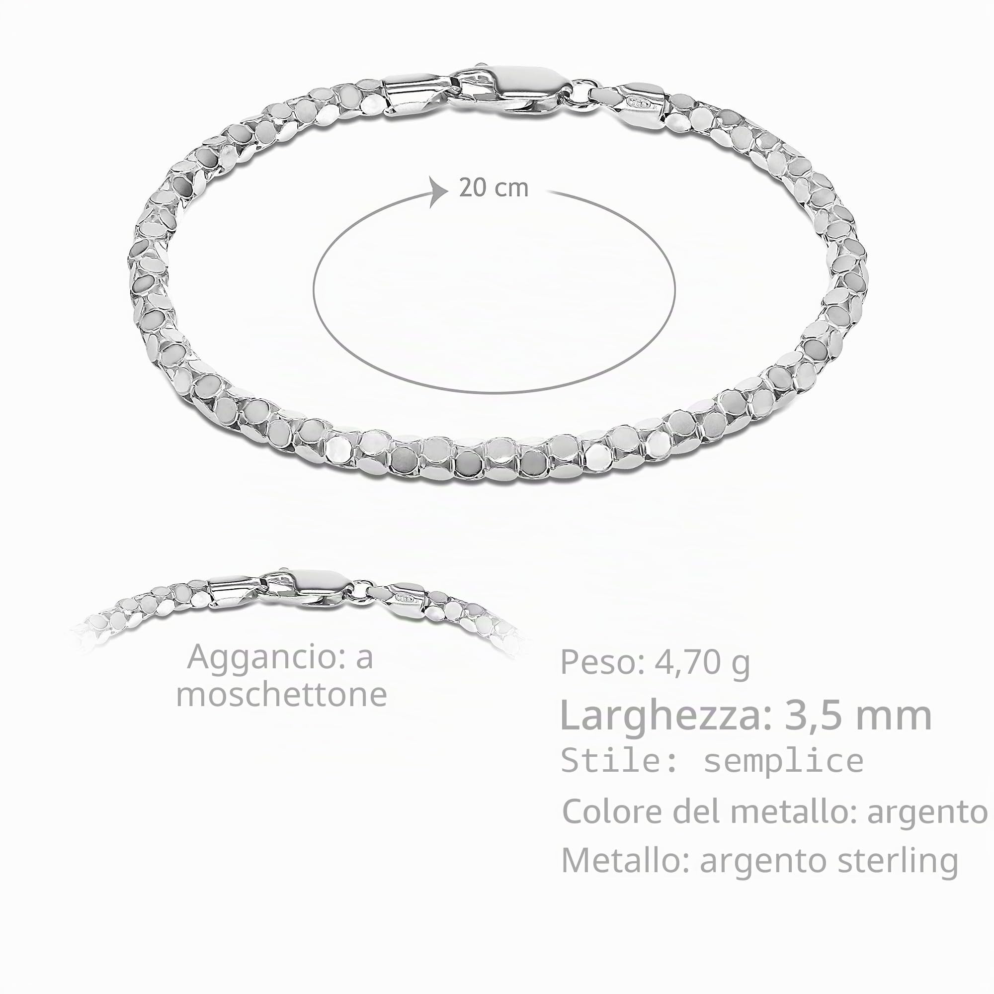 Tuscany Silver Bracciale da Donna in Argento Sterling con Catena Specchio Rotonda da 20 cm/8"
