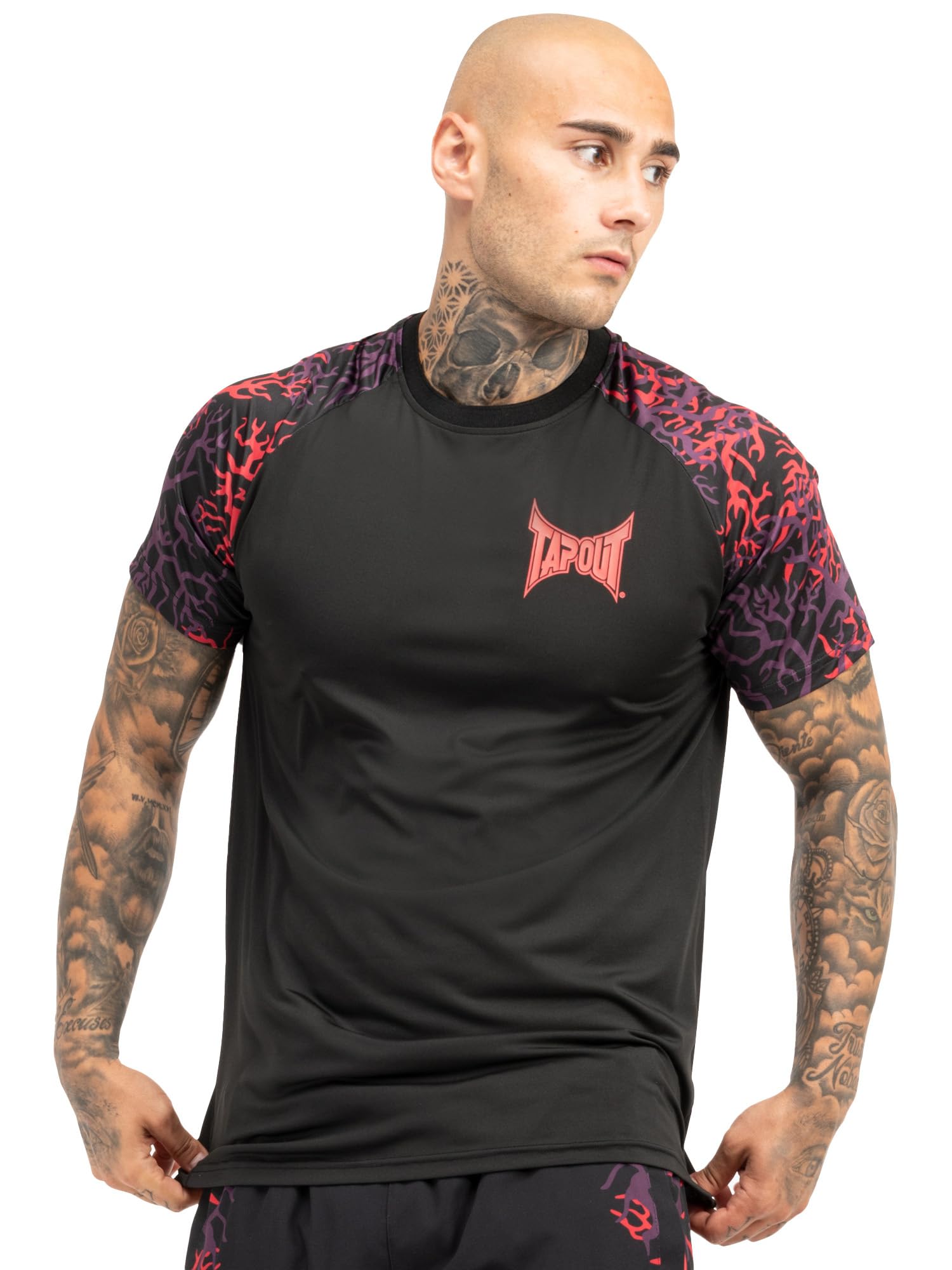 Tapout Men's Taproot Tee Functional Shirt, Black/Red/Aubergine, XL