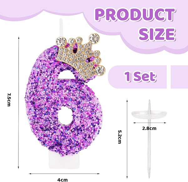 Bougies d'anniversaire Lilas, Bougies Couronne combinables avec Chiffre 6 pour gâteaux, Bougie Scintillante avec Le Chiffre 6 pour célébrations Anniversaires - 2