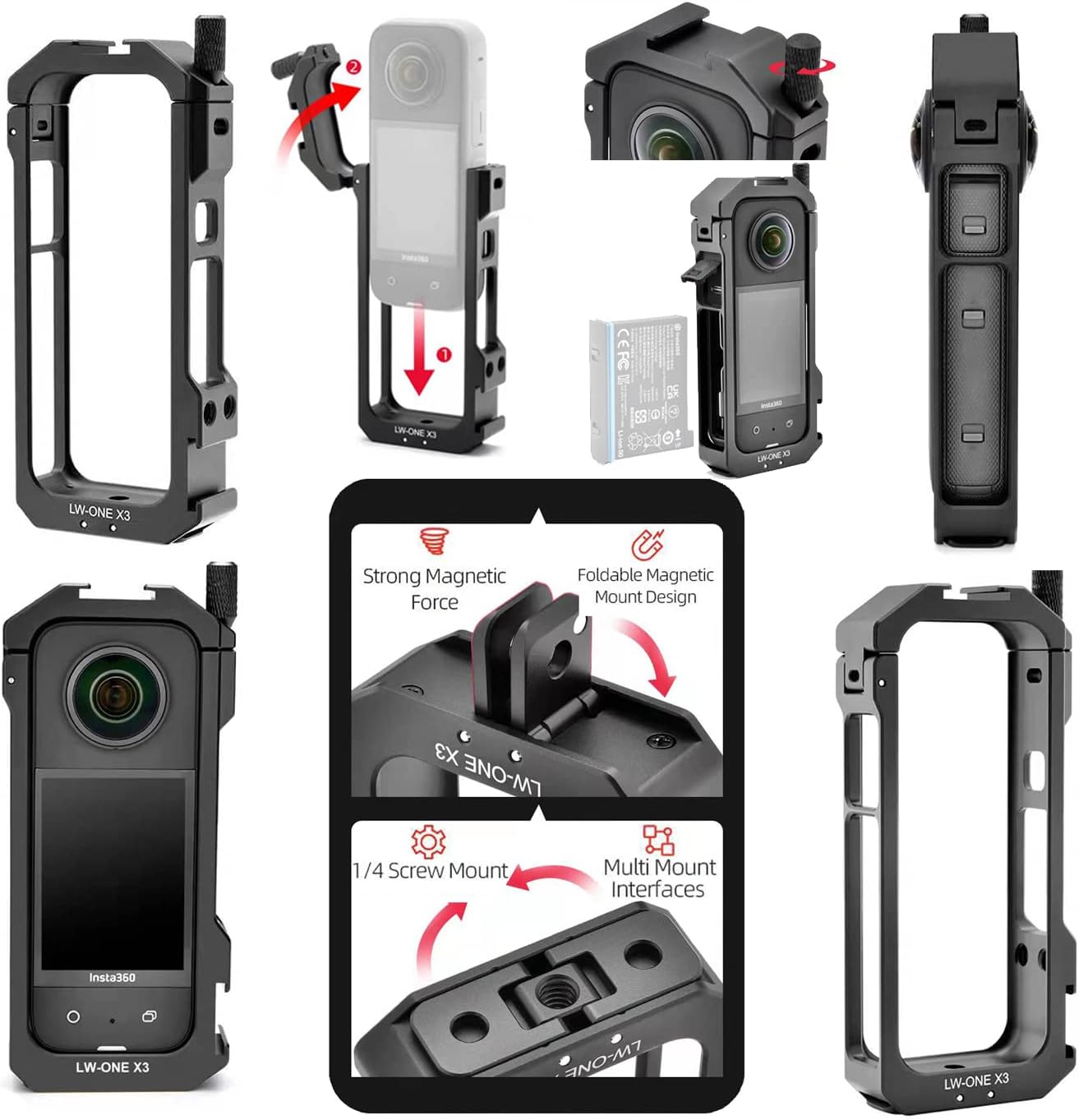 Aluminum Frame Cage Sticky Lens Guard Set Screen Protector for Insta360 X3 X 3 Accessories Kit Anti-Scratch Metal case Housing Shell Tempered Glass Protective Film Cover - Image 2