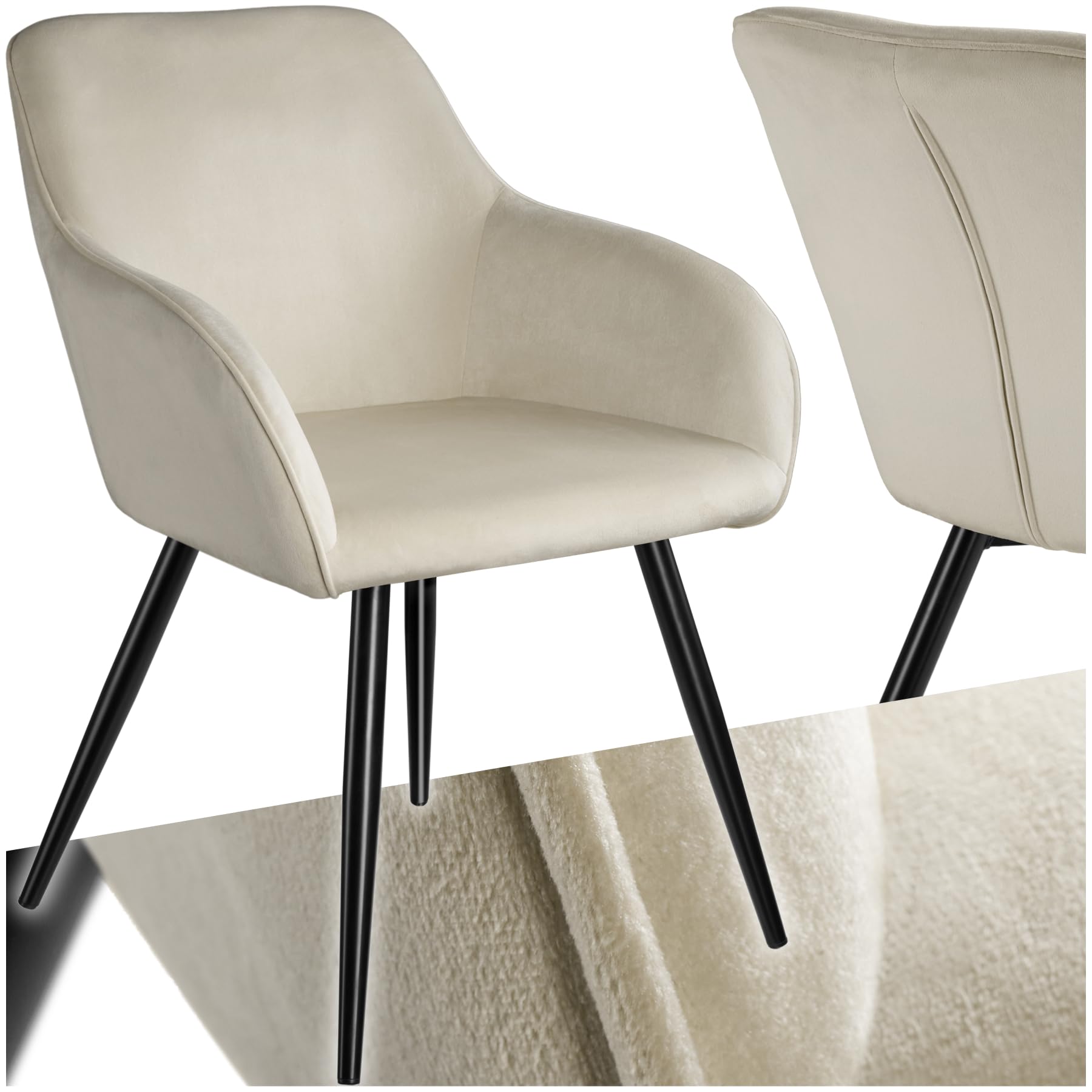 tectake® Silla Tapizada en Terciopelo, Sillas de Comedor Ergonómicas y Versátiles, Gran Estabilidad y Capacidad de Carga, Sillas Cocina Elegante - 1 Silla Crema/Negro