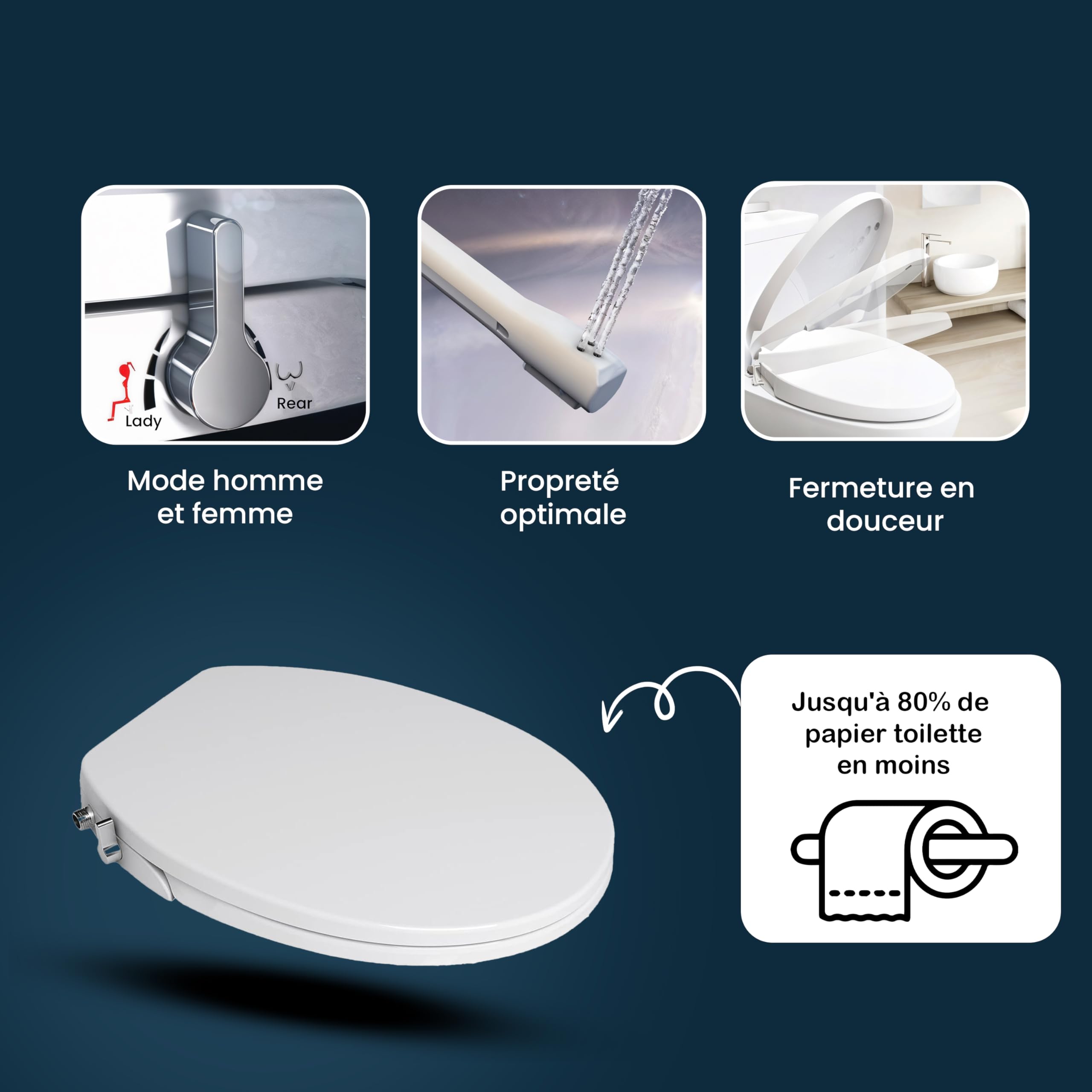 Siège Toilette Japonaise Complet, Abattant WC Lavant en O avec Double Buses homme et femme, Bidet WC, Non Électrique Frein de Chute - Forme en (O)