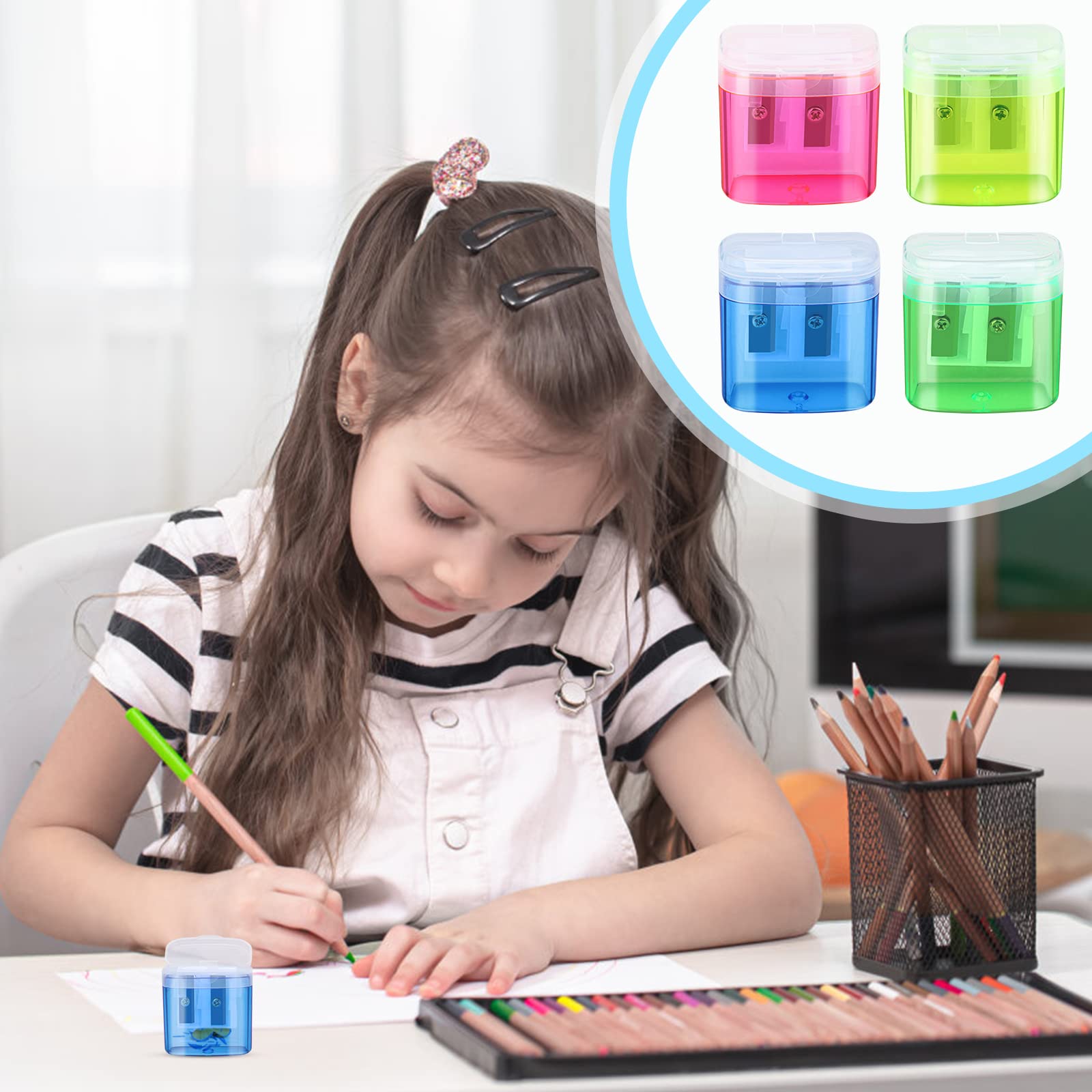 24 Stück Bleistiftspitzer, manueller Doppelloch, Bleistiftspitzer mit Deckel, tragbarer, bunter Kreide-Anspitzer für Kinder und Erwachsene, Schule, Büro, Zuhause, Reisen