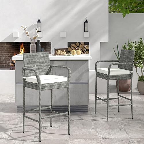 Miniatura 2 de COSTWAY Juego de 2 taburetes de bar de mimbre, sillas de altura de barra de patio con cojines, reposabrazos y reposapiés, taburetes de ratán al aire
