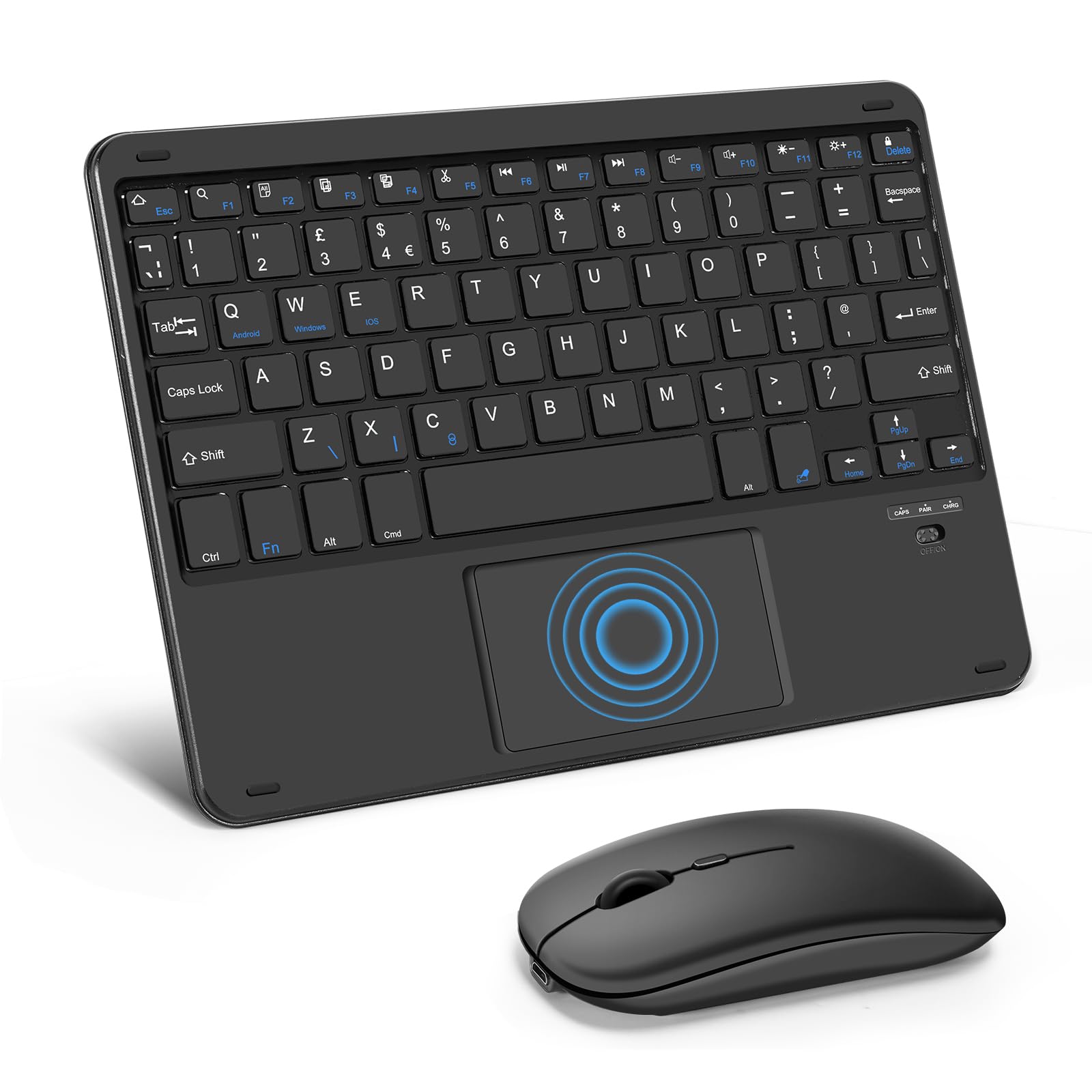 SOPPY Portable Bluetooth Keyboard with Touchpad and Mouse, Rechargeable Mini Keyboard, Wireless Keyboards for iPad Air/Pro/Tablets/Android/iOS/Windows, UK Layout (Black)