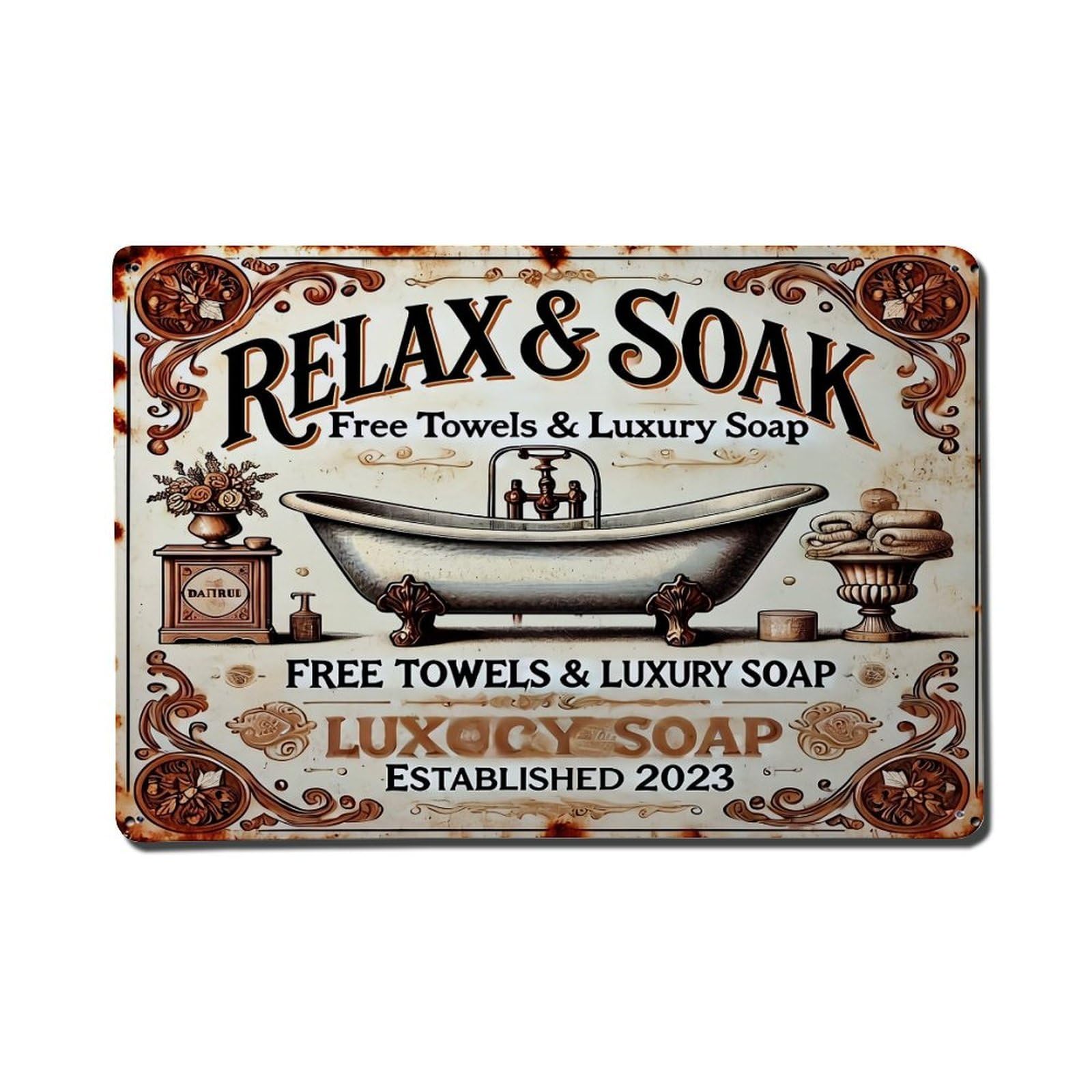 Relax And Soak Bathtub Vintage Sign Retro Metal Tin Sign, Vintage Metal Poster for Bar, Home, Man Cave, Kitchen, Laundry Room Art Decor 8x12 Inch