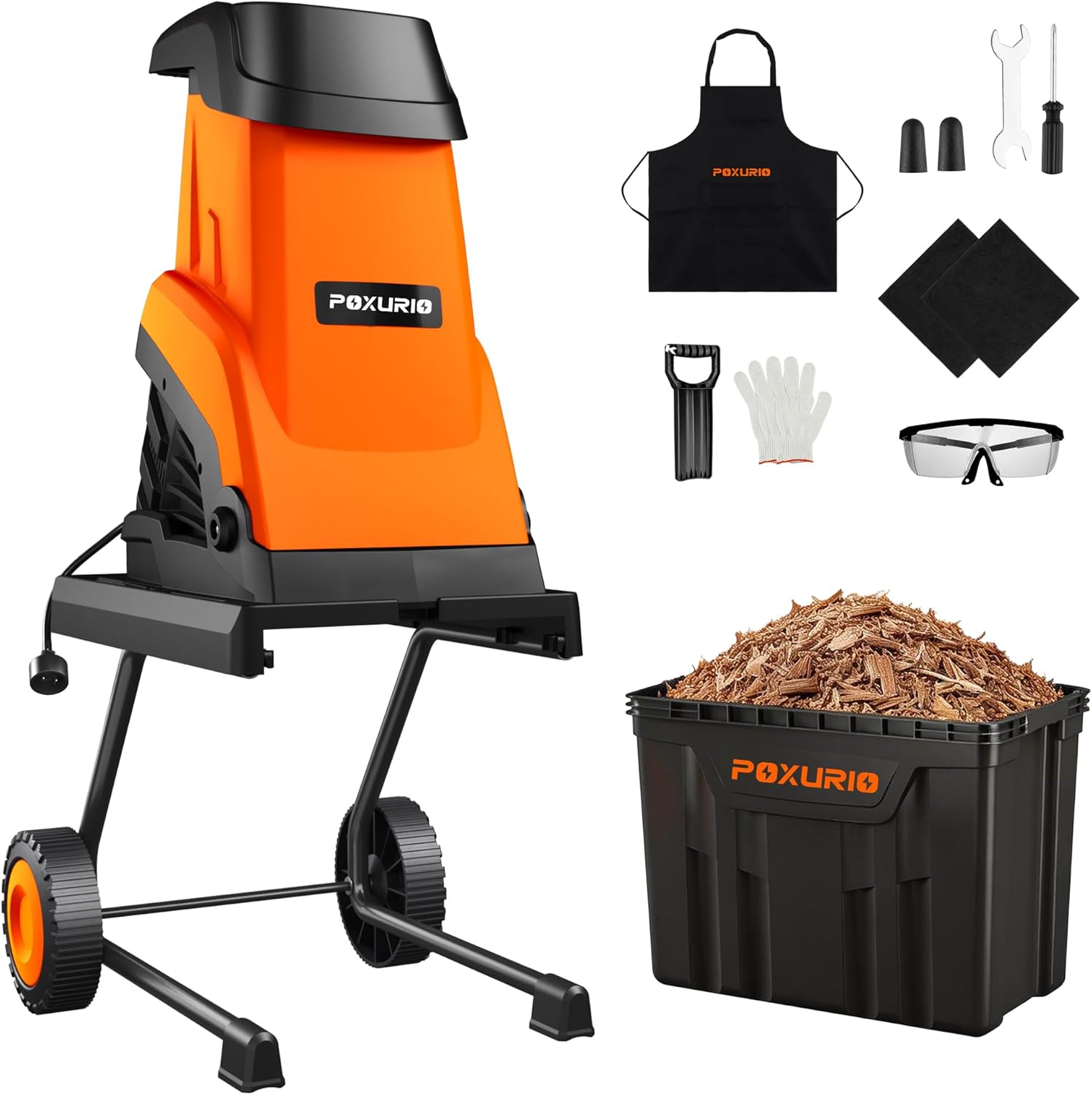 15-Amp Wood Chipper Shredder, 50L Collecting Bin, High Efficiency Electric Mulcher Shredding Machine with 25:1 Reduction Ratio, 1.8In Cutting Diameter, Large Portable Wheels for Yard Cleanup, Orange