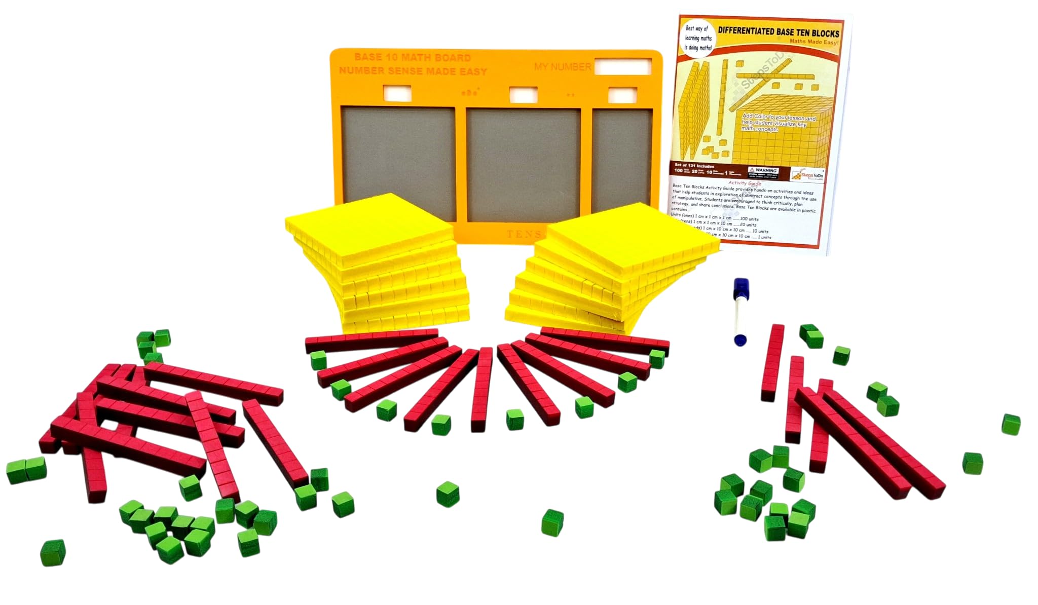 Base Ten Blocks – Place Value Learning Kit (Without Thousand Cubes) | 10 Hundreds Flats, 20 Tens Rods, 100 Units & Place Value Mat | Math Teaching Aid Class 1–4 (Multicolour)-image-1
