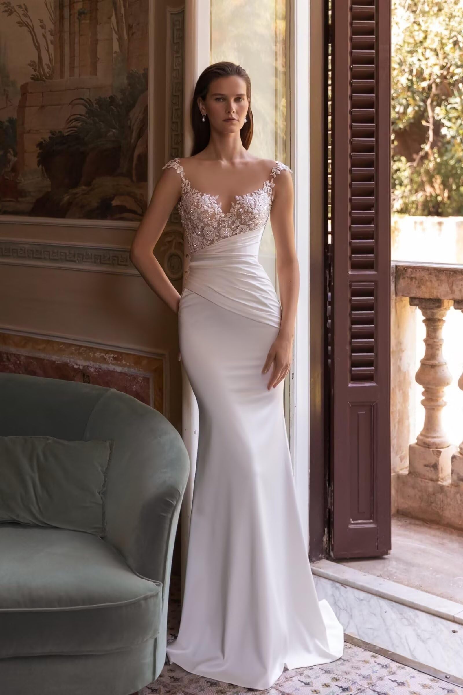 Vestido de Novia de Encaje con Hombros Descubiertos Vestido de Novia Estilo Boho Corte en A Vestido de Novia de satén Corte en A sin Tirantes MT078