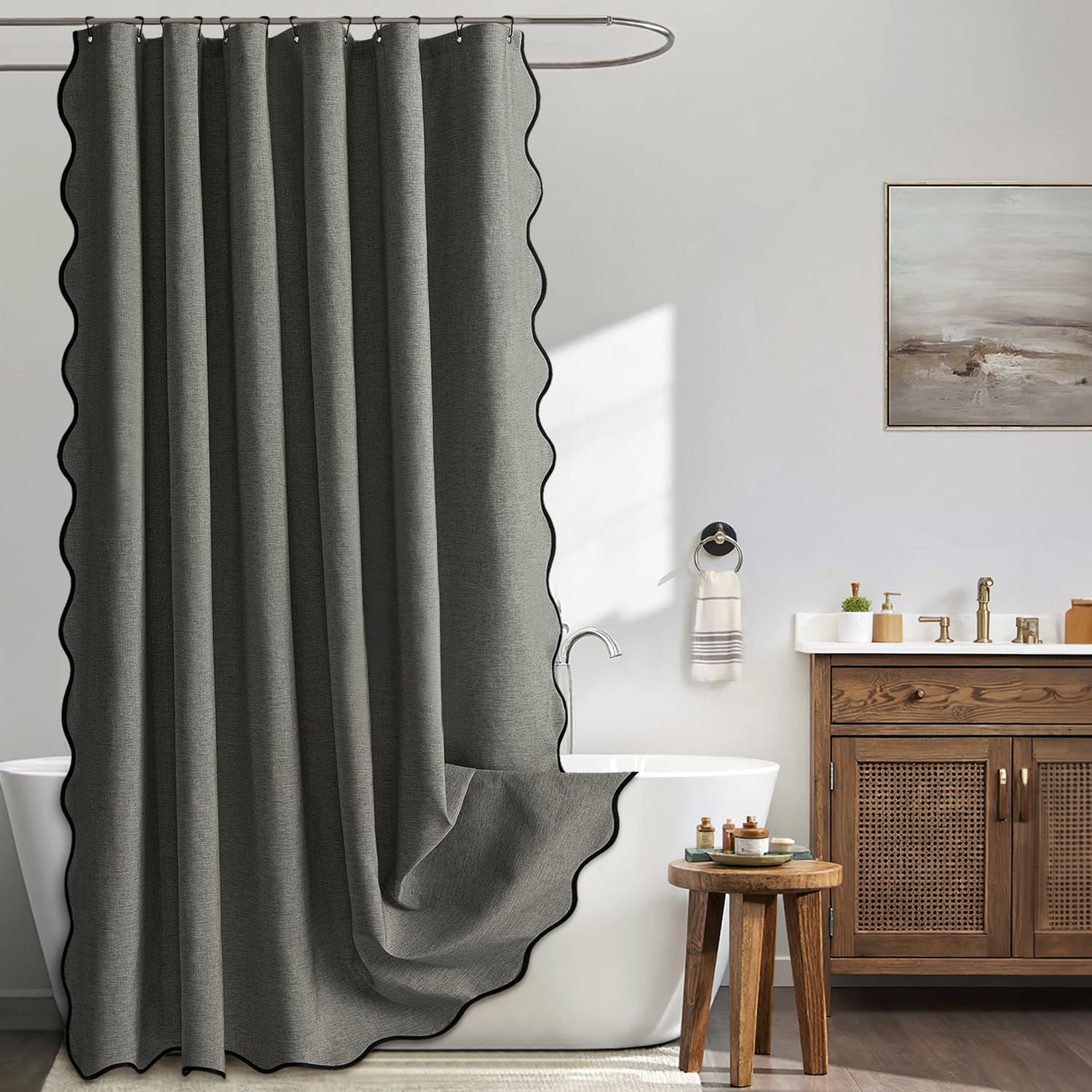 MIULEE 84" Long Scalloped Shower Curtain Linen Textured with 12 Metal Hooks Cute Extra Long Heavy Duty Washable Waterproof Cloth Curtains with Black Border for Bathroom Hotel Bathtub,Charcoal Grey Charcoal Grey 72"W x 84"L (Pack of 1)
