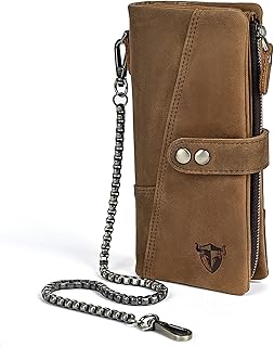 Handadsume Genuine Crazy Horse Leather Travel Gift Coin Pocket Card Case Long Organizer Chain Rfid Wallet Purse With Snap For Men Male 1803 1815 (1803 Brown 26b)