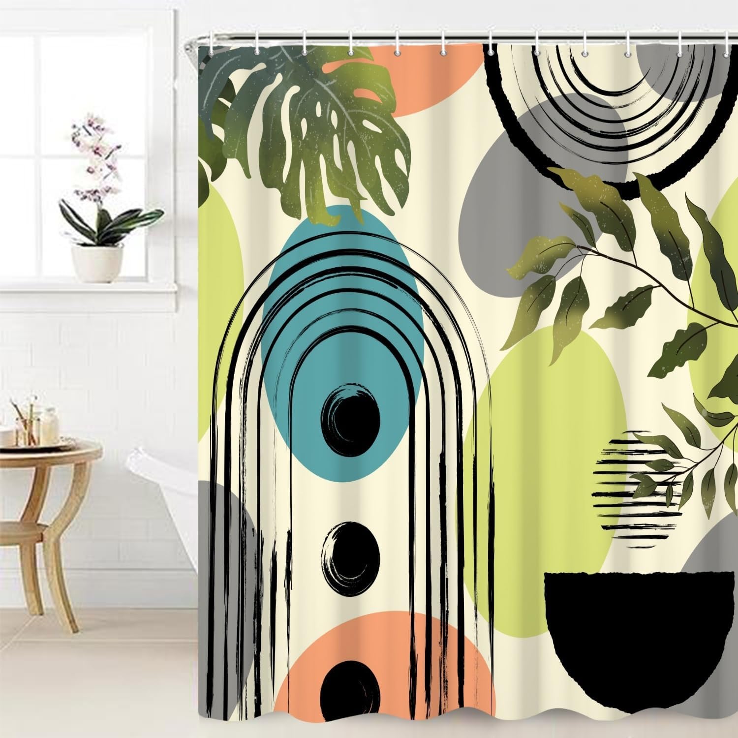 Abstract Boho Shower Curtain Modern Art Arch Green Leaves Colorful Geometric Pattern Mid Century Bath Curtain for Bathroom Decor Waterproof Polyester Fabric Set with Hooks, 72x72 Inch