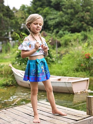 Miniatura 5 de COTRIO Traje de baño de princesa para niñas, traje de baño floral con volantes de 2 piezas, traje de baño de playa con hombros descubiertos